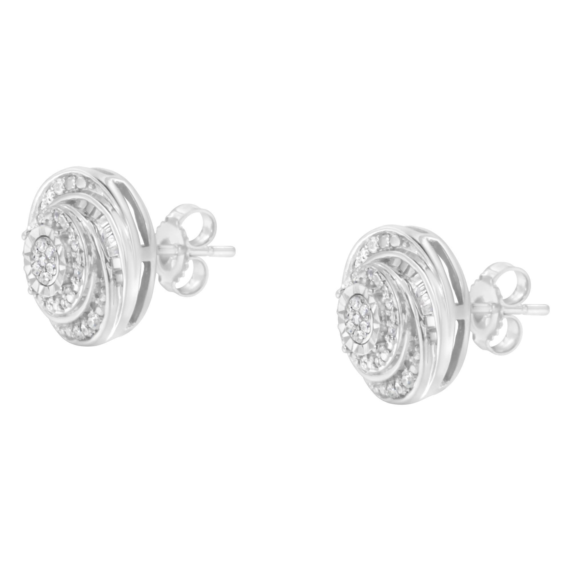 Baguette Cut .925 Sterling Silver 1/4 Cttw Diamond Swirl Love Knot Stud Earring For Sale