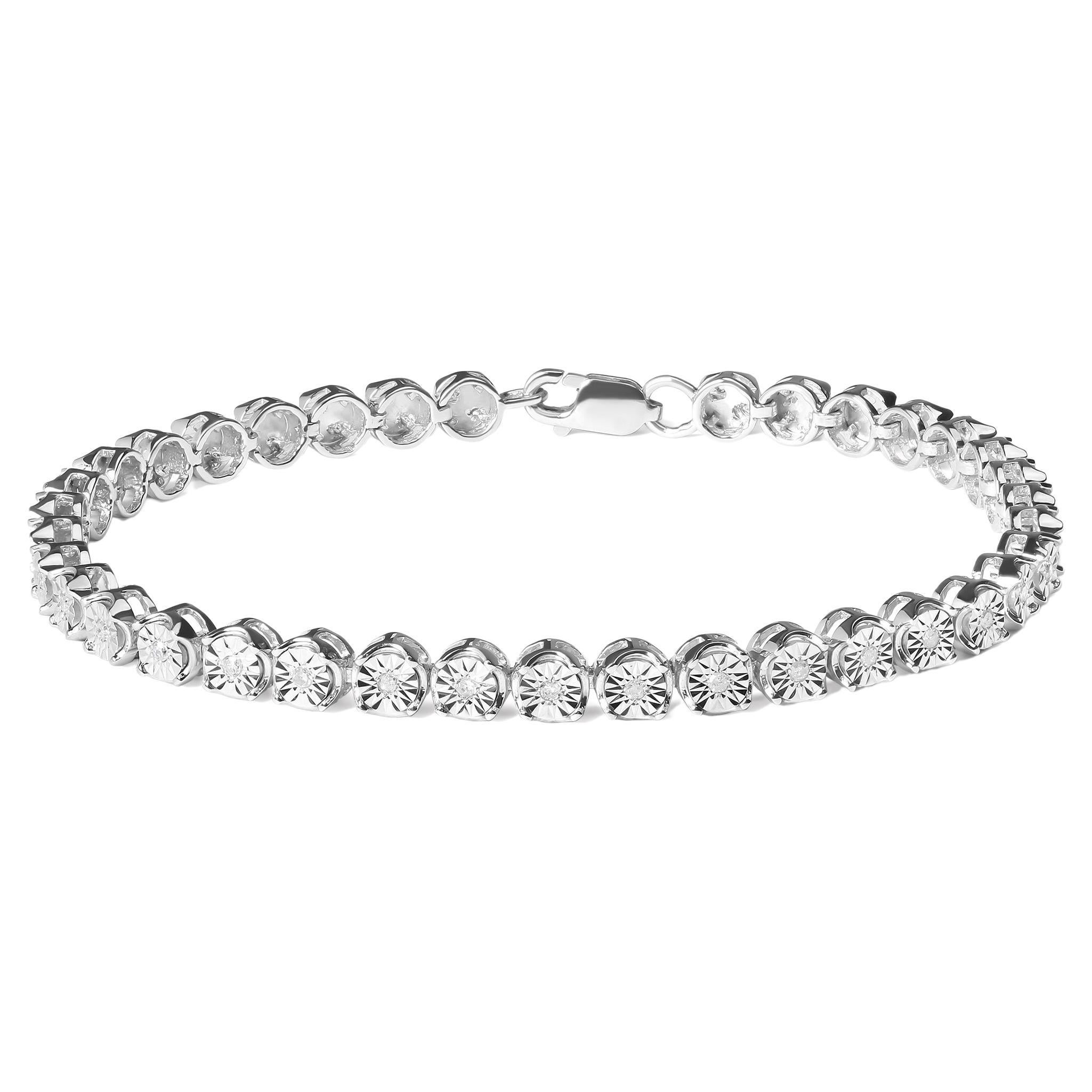 .925 Sterling Silver 1/4 Cttw Miracle-Set Diamond Starburst Round Link Tennis For Sale
