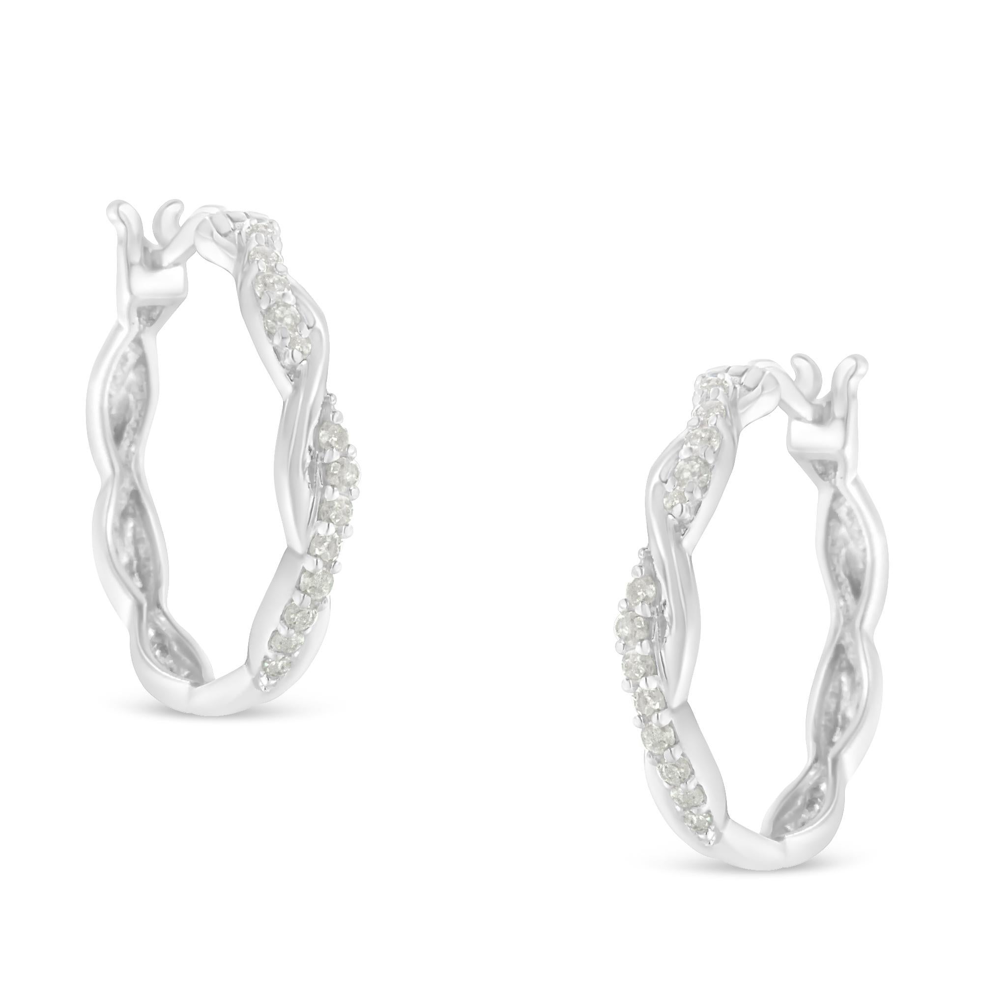 Contemporary .925 Sterling-Silver 1/4 Carat Pave Set Diamond Twisted Spiral Hoop Earring For Sale