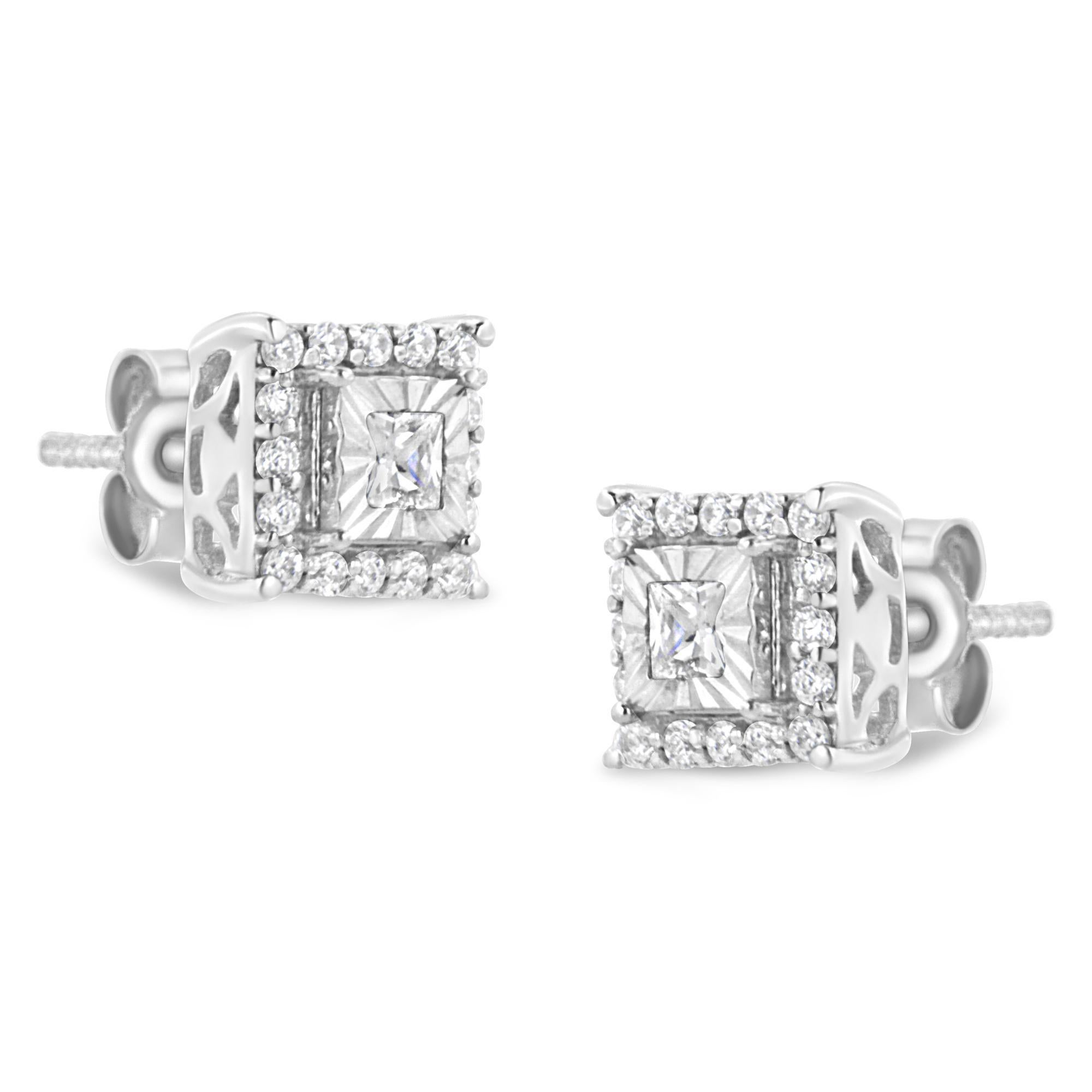 Moderne .925 Sterling Silver Boucles d'oreilles Halo en argent 1/4 Cttw Princesse et diamant taille ronde en vente