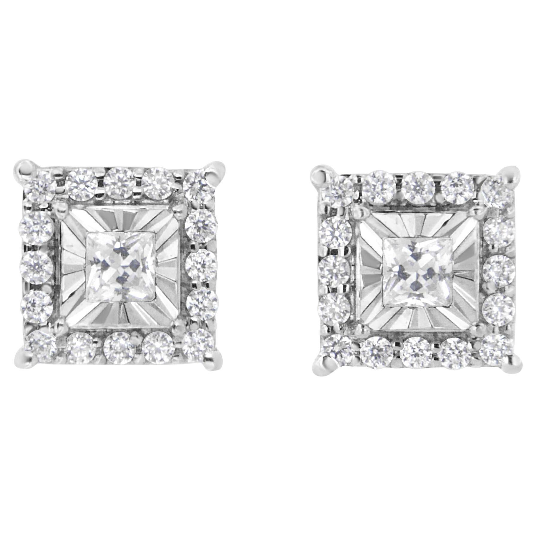 .925 A. Silver Orecchini con diamanti aureolati con taglio principessa e rotondo da 1/4 Cttw