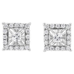 .925 Sterling Silver 1/4 Cttw Princess and Round Cut Diamond Halo Stud Earrings