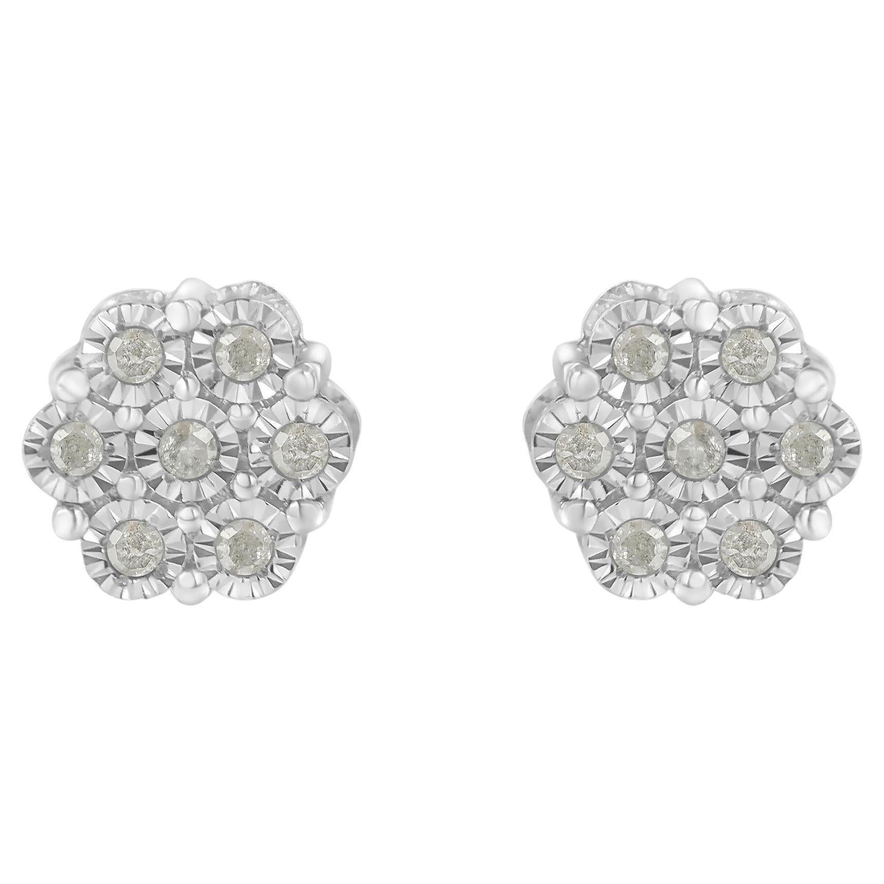 .925 Sterling Silver 1/4 Cttw Round Diamond Floral Cluster Button Stud Earrings