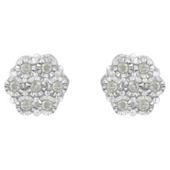 .925 Sterling Silver 1/4 Cttw Round Diamond Floral Cluster Button Stud Earrings