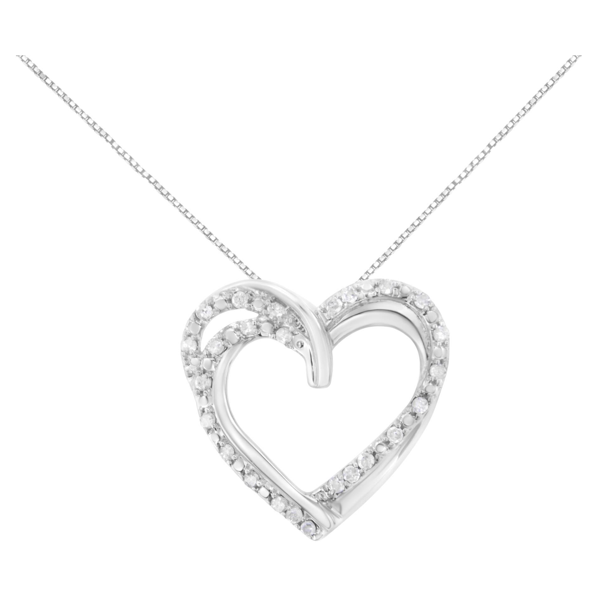.925 Sterling Silver 1/4 cttw Round Diamond Woven Double Heart Pendant Necklace