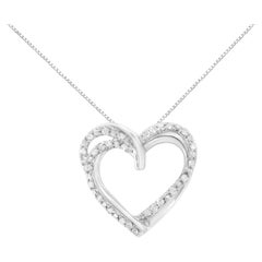 .925 Sterling Silver 1/4 cttw Round Diamond Woven Double Heart Pendant Necklace