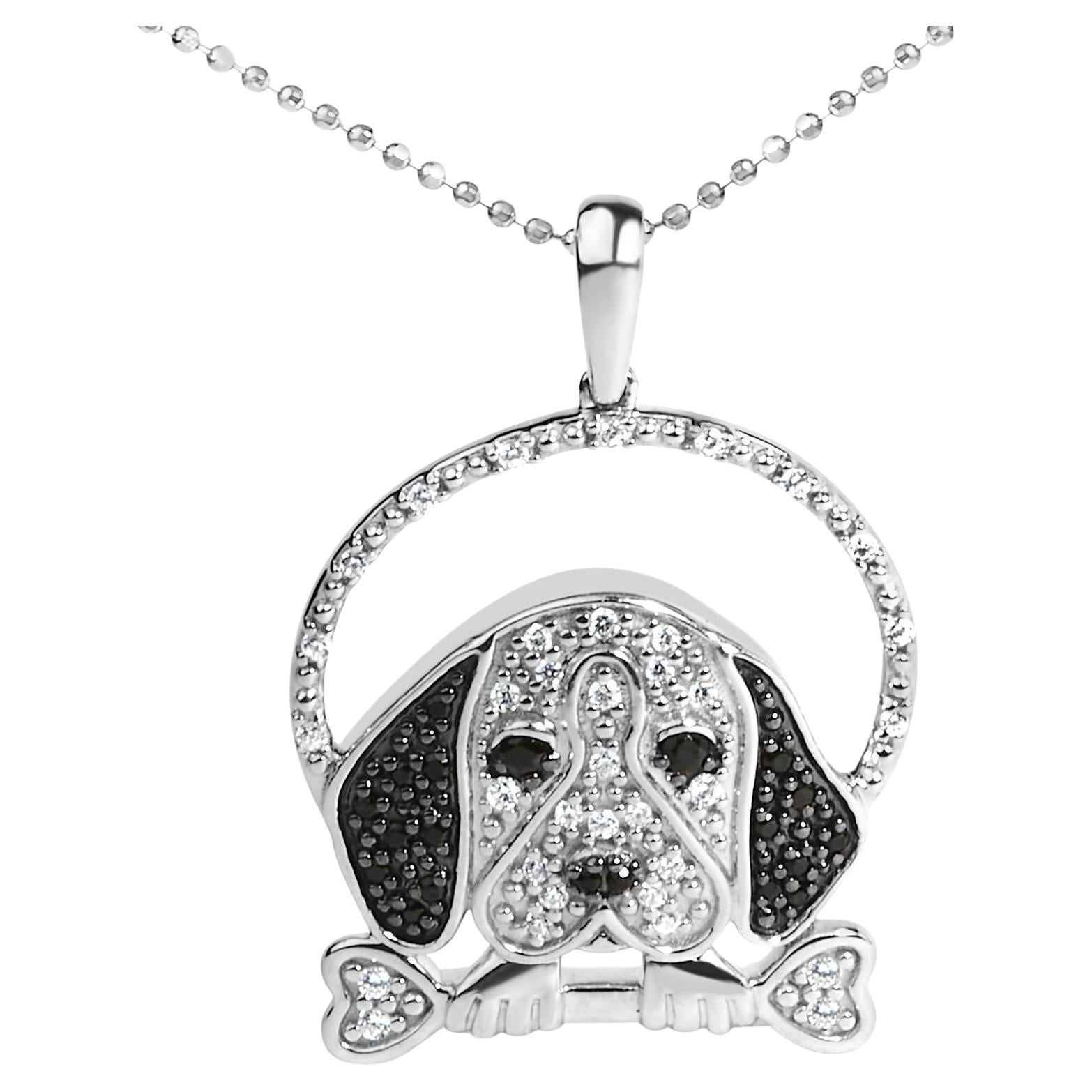 .925 Sterling Silver 1/4 Cttw White & Black Diamond Beagle Dog & Bone Necklace