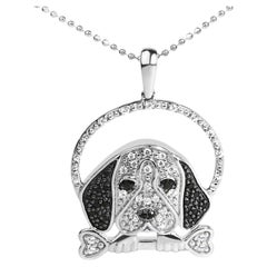 .925 Sterling Silver 1/4 Cttw White & Black Diamond Beagle Dog & Bone Necklace