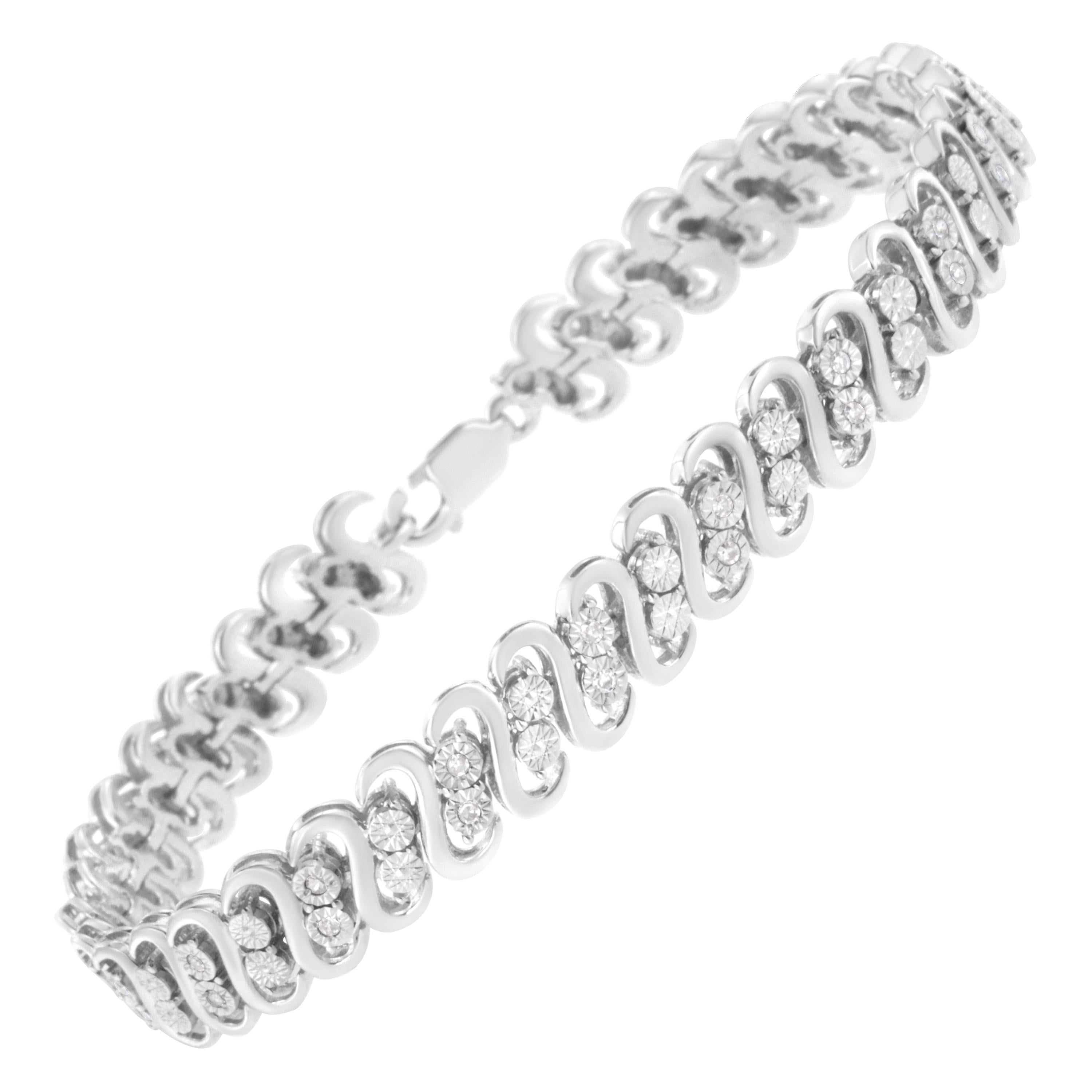 .925 Sterling Silver 1/4 Carat Round Diamond Double Row S-Link Bracelet For Sale