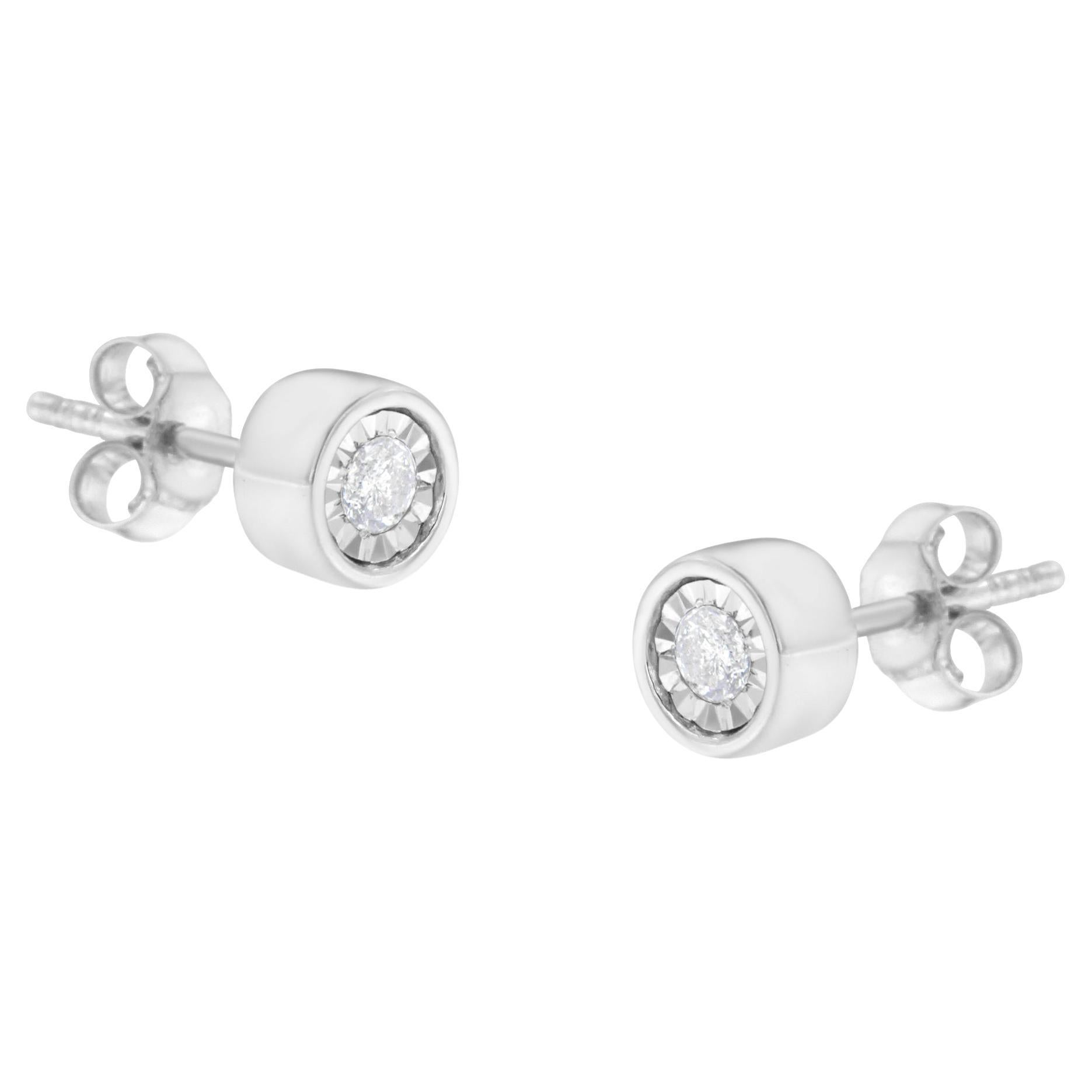 .925 Sterling Silver 1/5 Carat Diamond Bezel-Set Stud Earrings For Sale