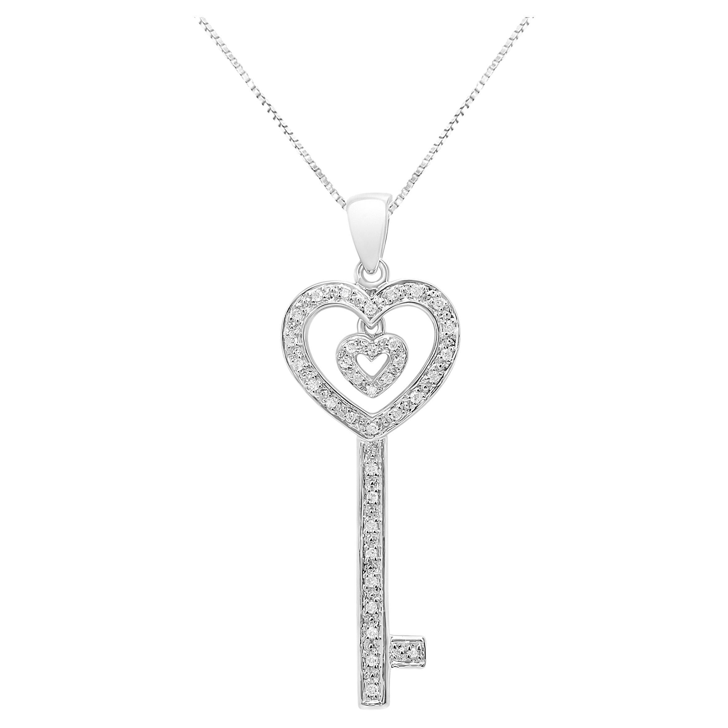 .925 Sterling Silver 1/5 Carat Diamond Double Heart & Key Pendant Necklace For Sale