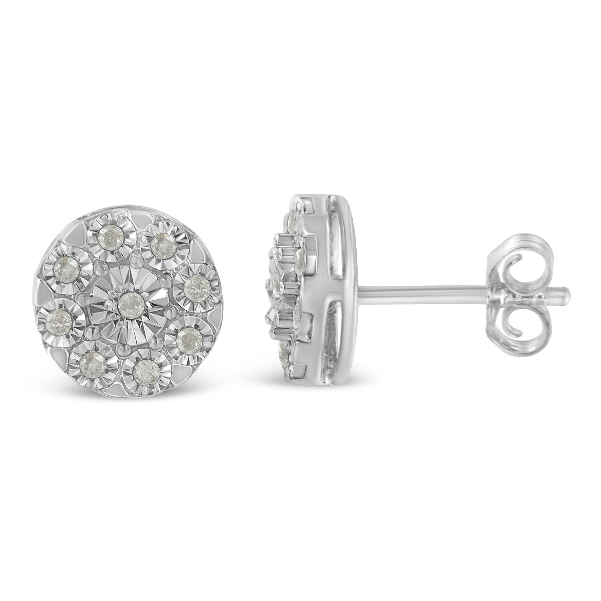 A cluster of nine sparkling, rose-cut white diamonds form a flower shape on each of these charming stud earrings. Highly polished to perfection, these earrings are crafted of shining sterling silver and come with push backs for a secure fit.