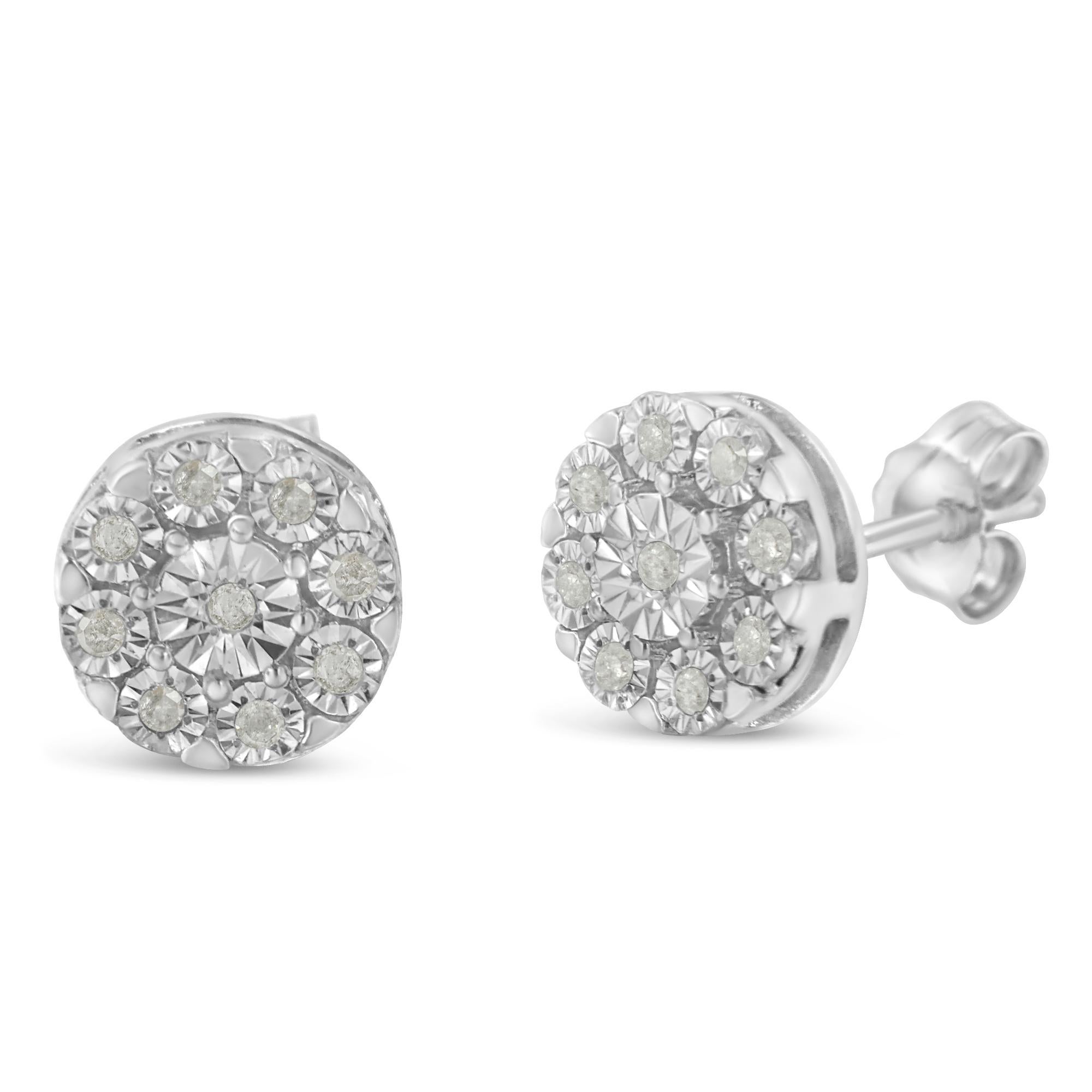 Contemporary .925 Sterling Silver 1/5 Carat Miracle Plate Set Round Diamond Halo Stud Earring For Sale