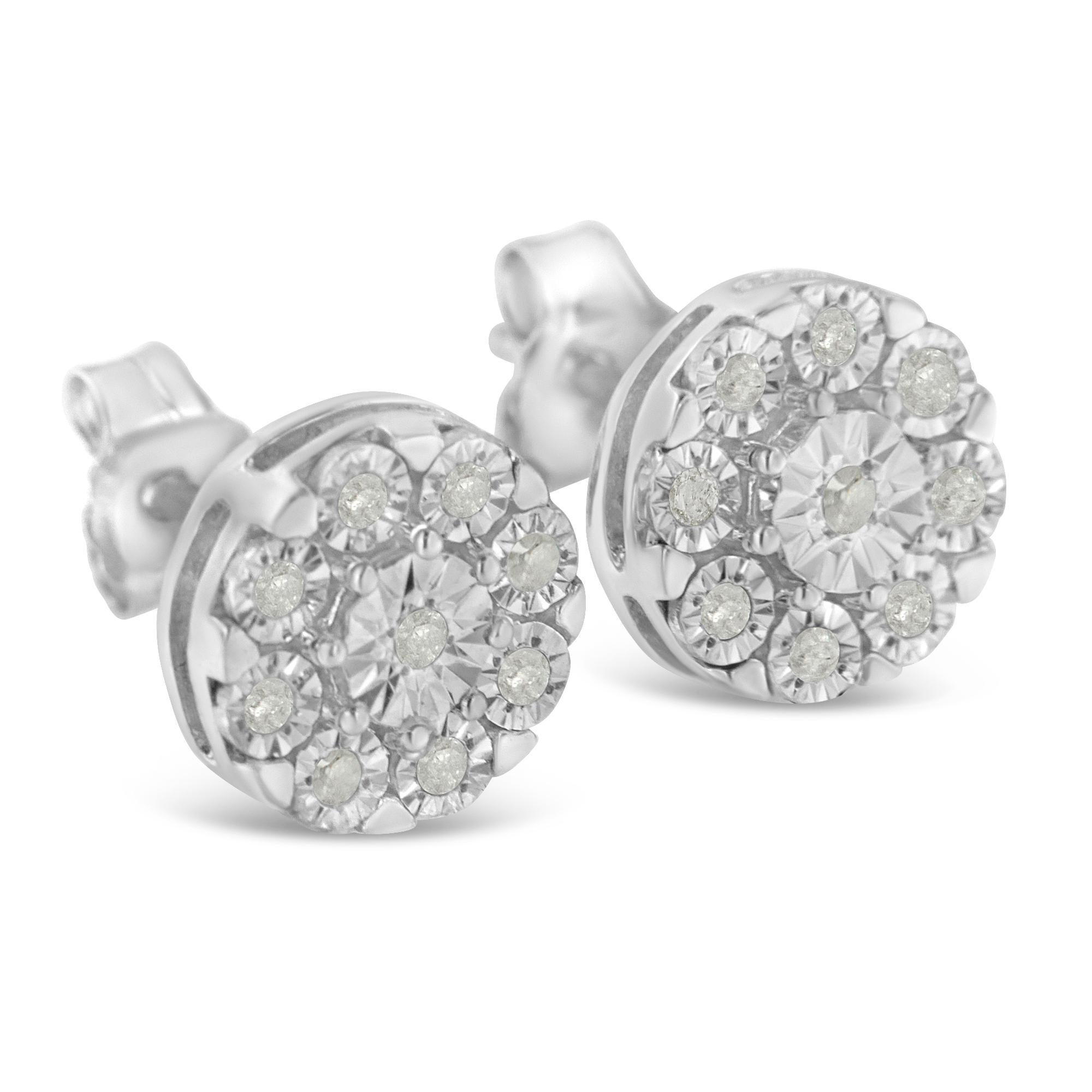 Rose Cut .925 Sterling Silver 1/5 Carat Miracle Plate Set Round Diamond Halo Stud Earring For Sale