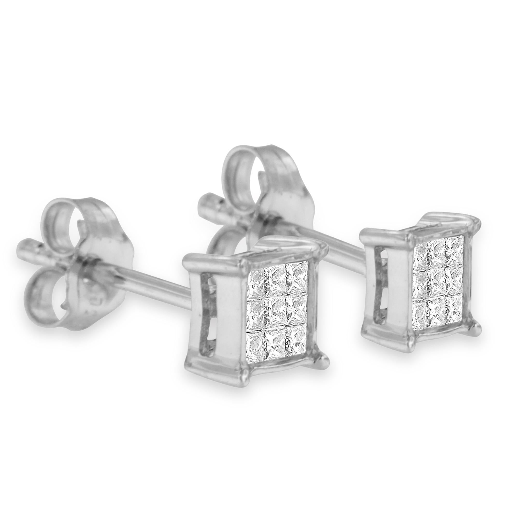 Princess Cut .925 Sterling Silver 1/5 Carat Multi-Stone Diamond Stud Earrings For Sale