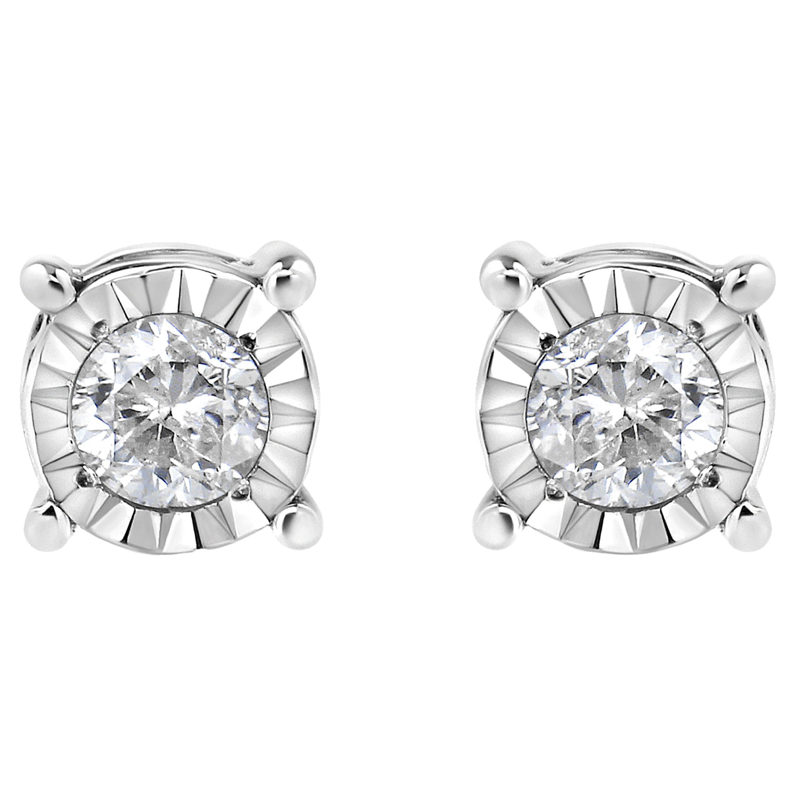 .925 Sterling Silver 1/5 Carat Round-Cut Diamond Stud Earrings For Sale