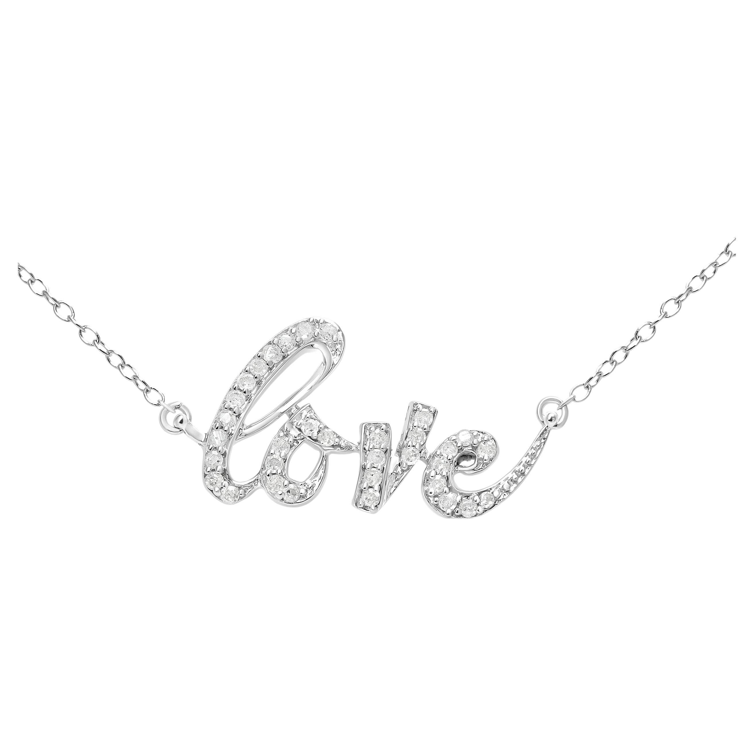 .925 Sterling Silver 1/5 Carat Round Diamond Love Pendant Necklace For Sale