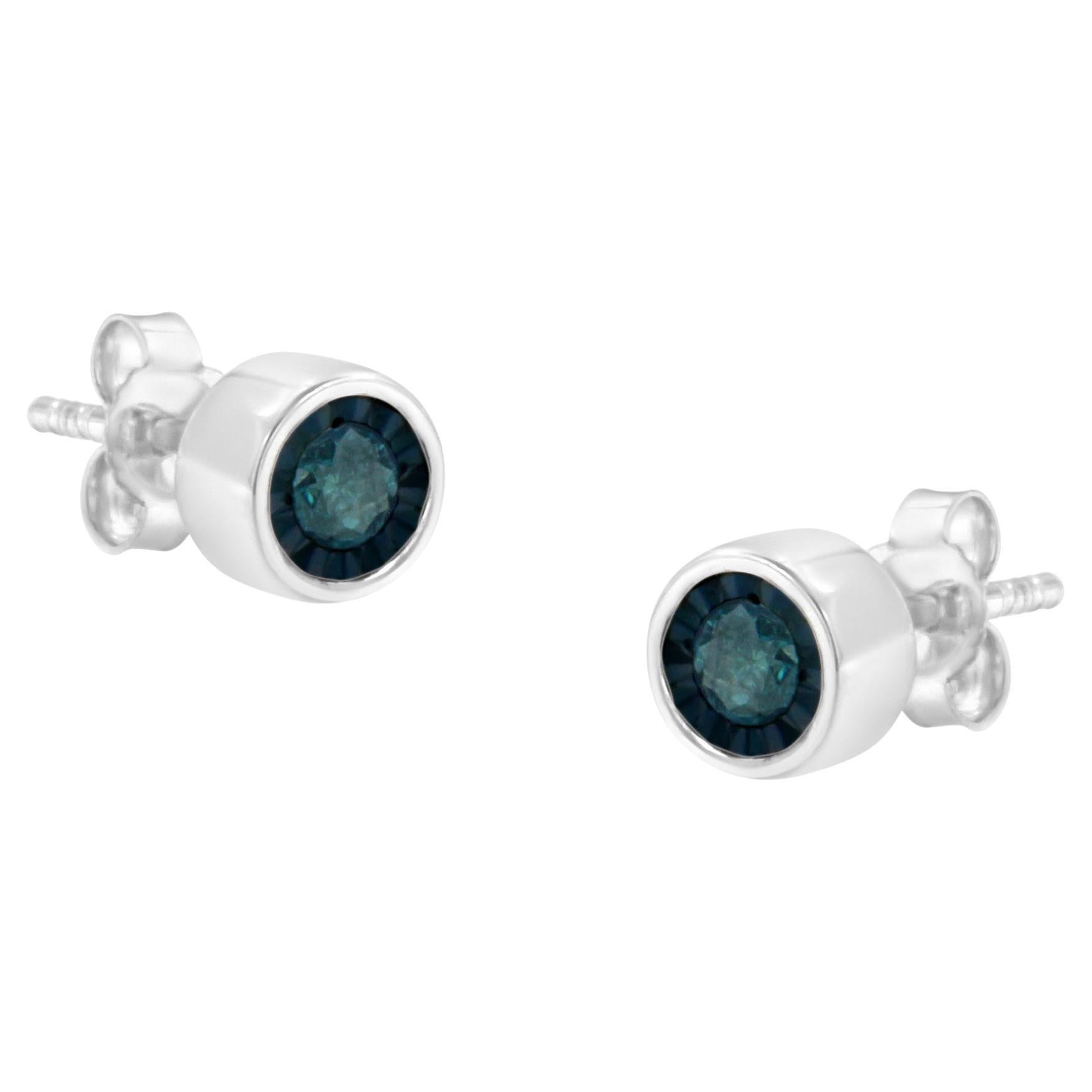 .925 Sterling Silver 1/5 Carat Treated Blue Diamond Stud Earrings For Sale