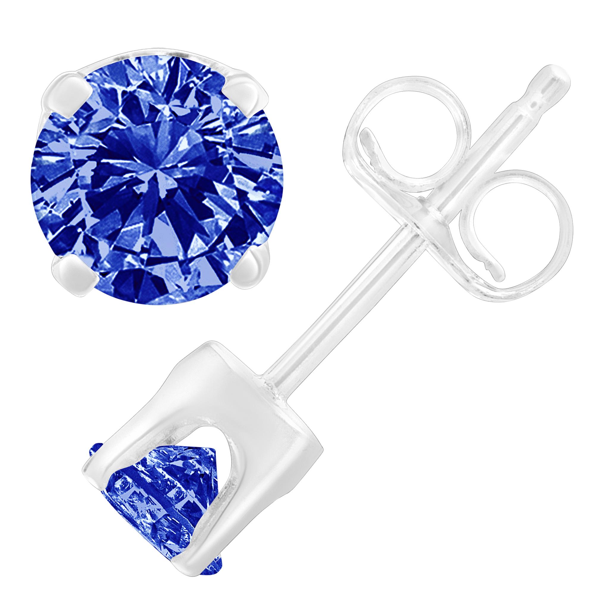 With a simple and classic design, these solitaire stud earrings feature 1/5ct TDW of diamonds. Blue, color treated, round cut diamonds in a prong setting sparkle in this design. Crafted in sterling silver, these stud earrings are perfect to wear