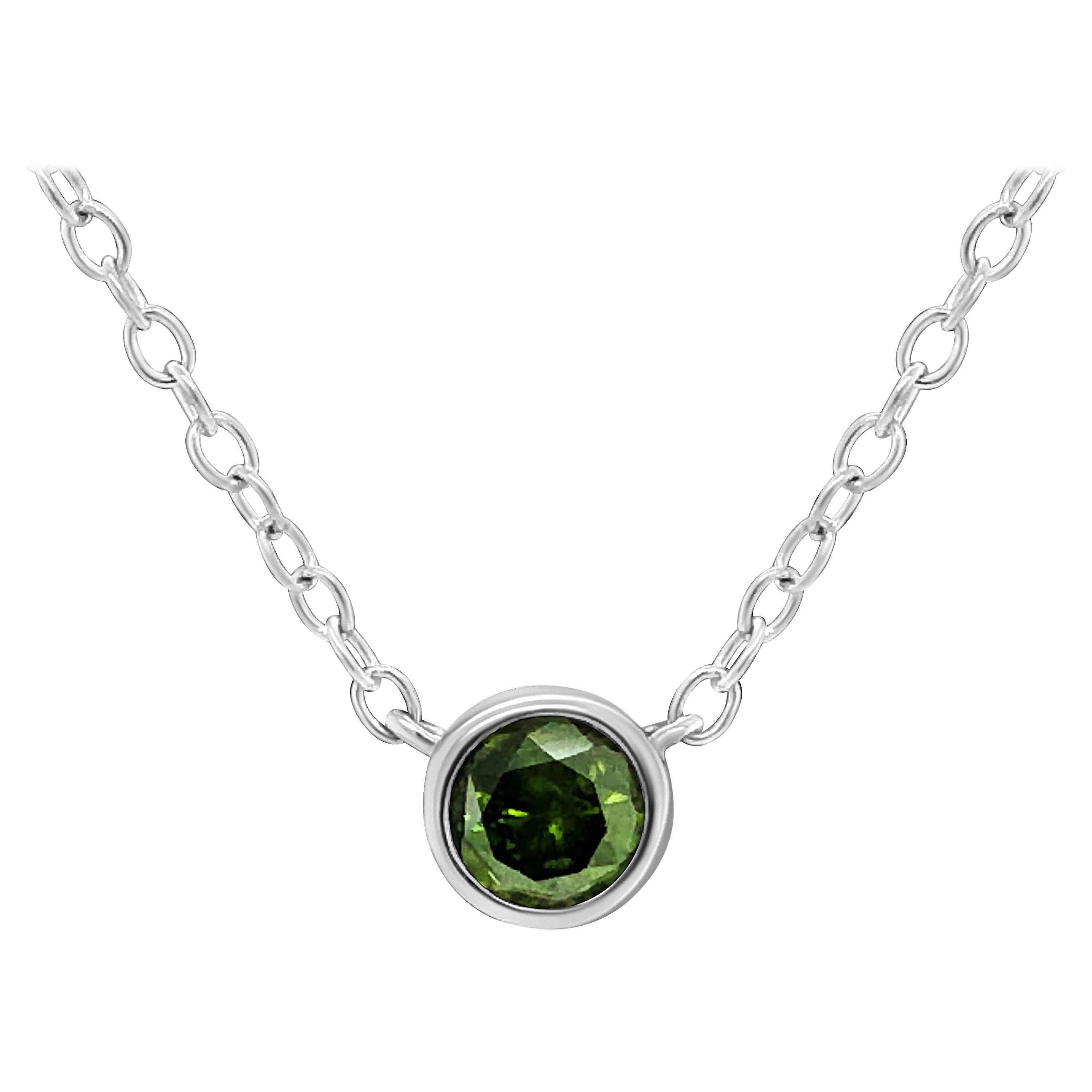 .925 Sterling Silver 1/5 Carat Treated Green Diamond Solitaire Bezel Pendant