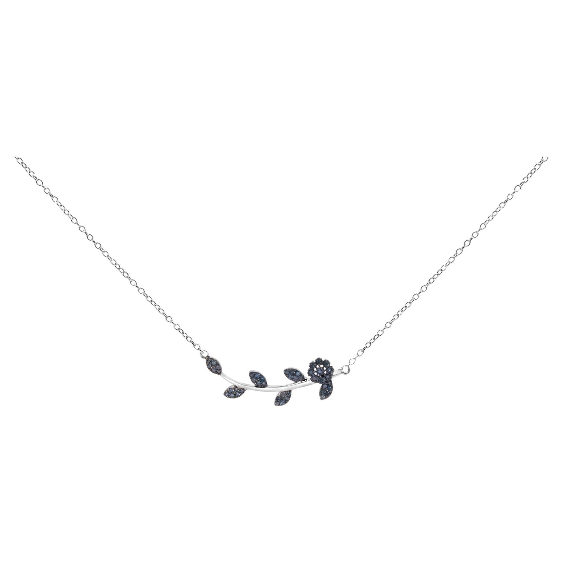 Collana con ciondolo a forma di foglia e ramo in argento 925 con diamante blu da 1/5 Cttw