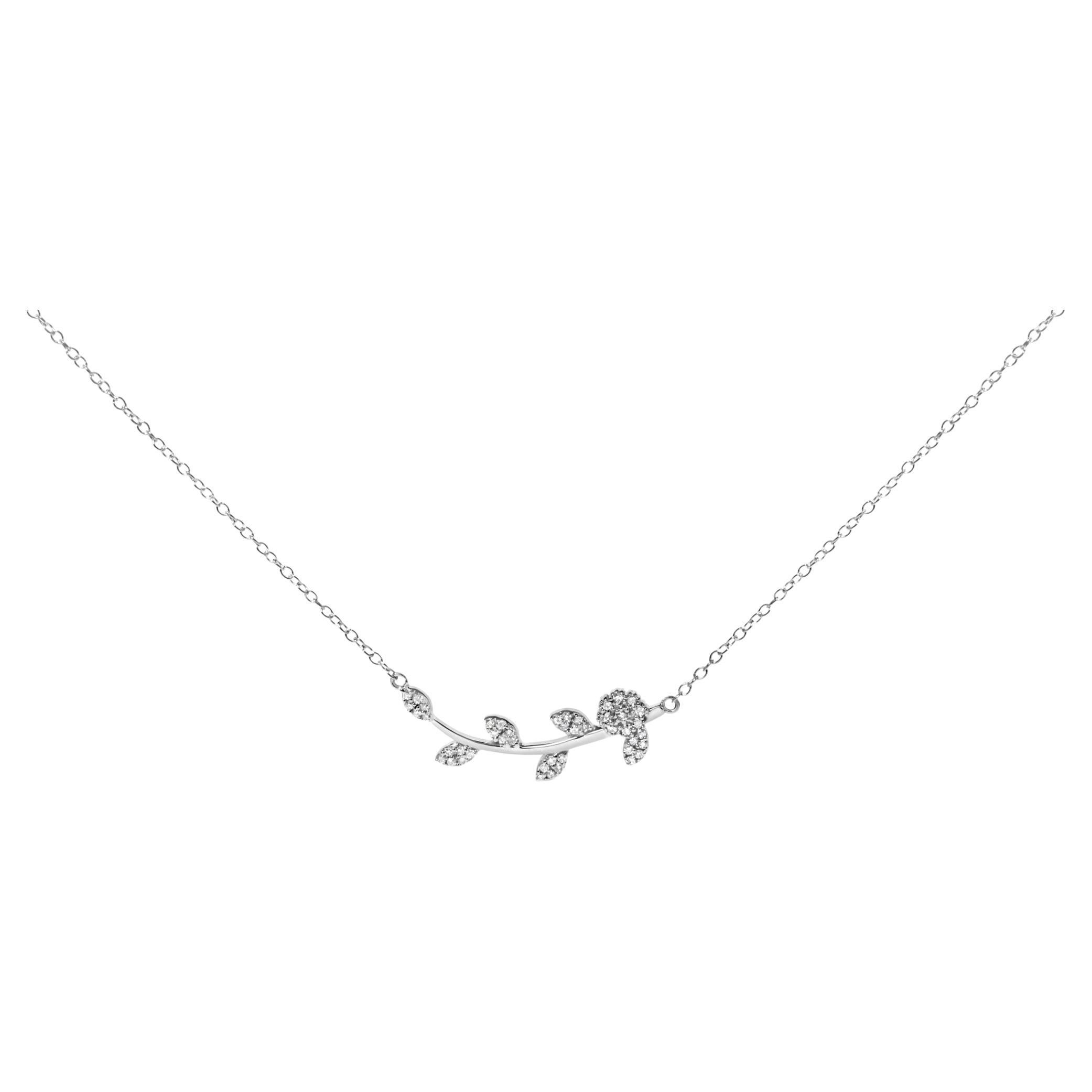 .925 Sterling Silver 1/5 Cttw Diamond Leaf and Branch Pendant Necklace