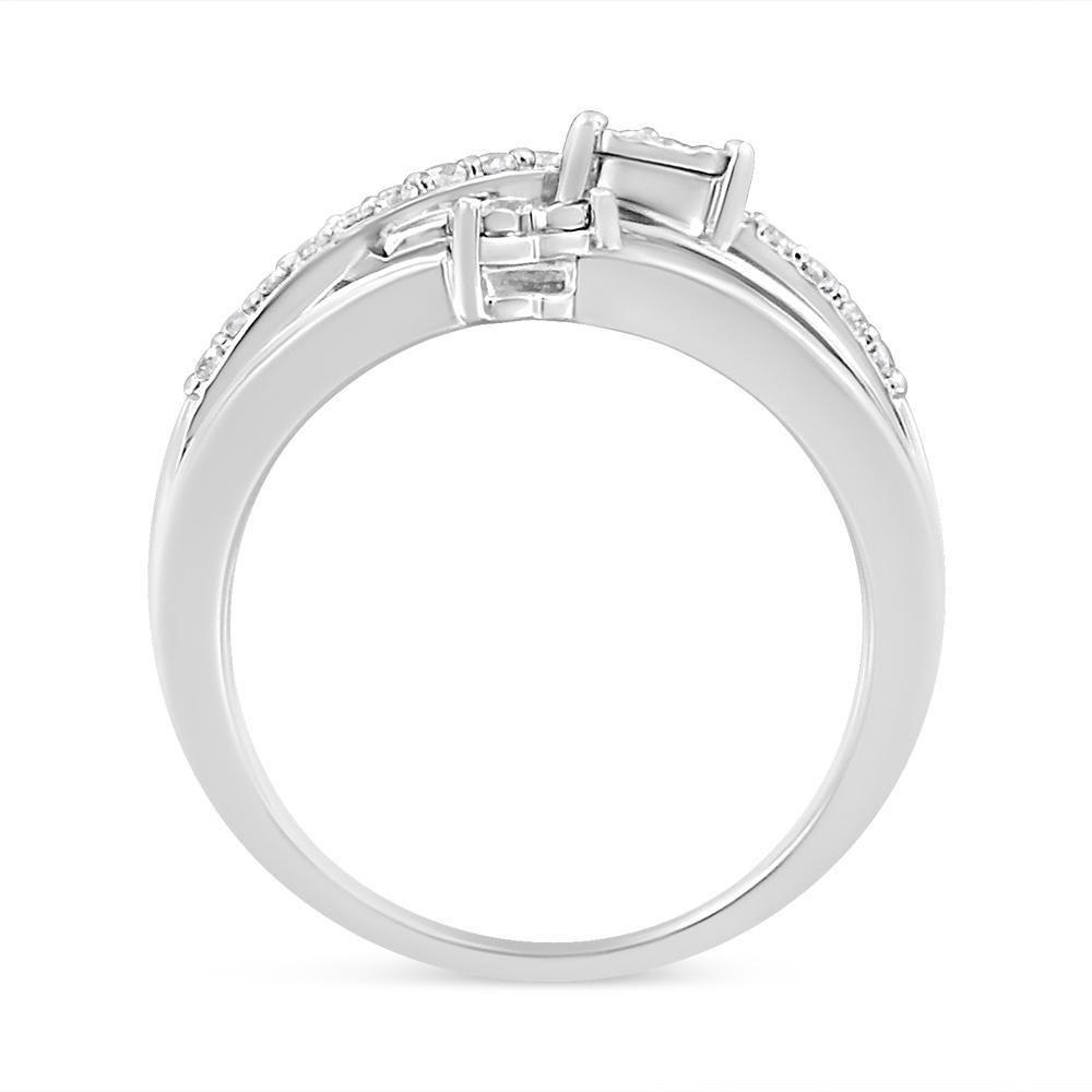 Round Cut .925 Sterling Silver 1/5 Cttw Miracle-Set Diamond Heart Cross-Over Bypass Ring For Sale