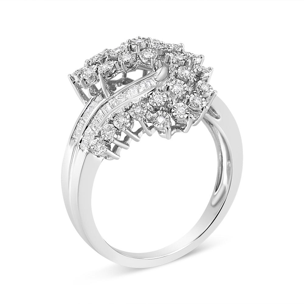 Round Cut .925 Sterling Silver 1/5 Cttw Miracle-Set Diamond Heart Cross-Over Bypass Ring For Sale