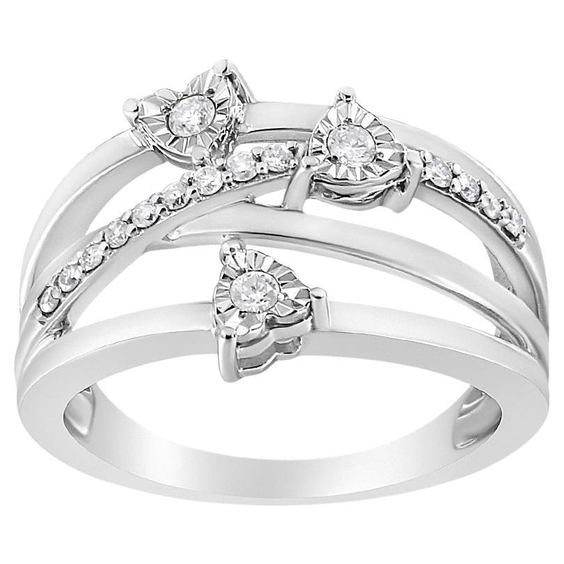 .925 Sterling Silver 1/5 Cttw Miracle-Set Diamond Heart Cross-Over Bypass Ring For Sale