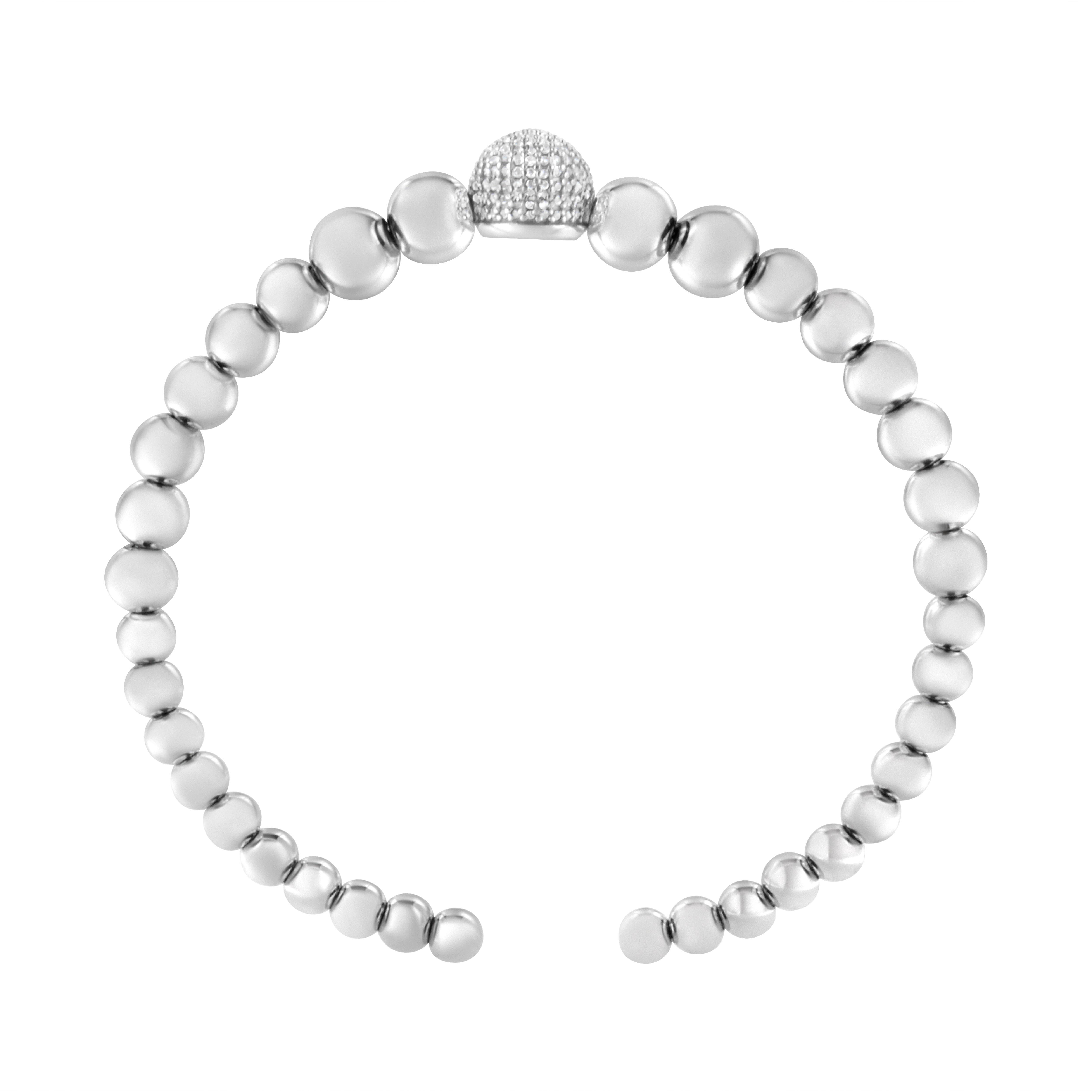 Modern .925 Sterling Silver 1/6 Carat Diamond Ball Bead Cuff Bangle Bracelet For Sale