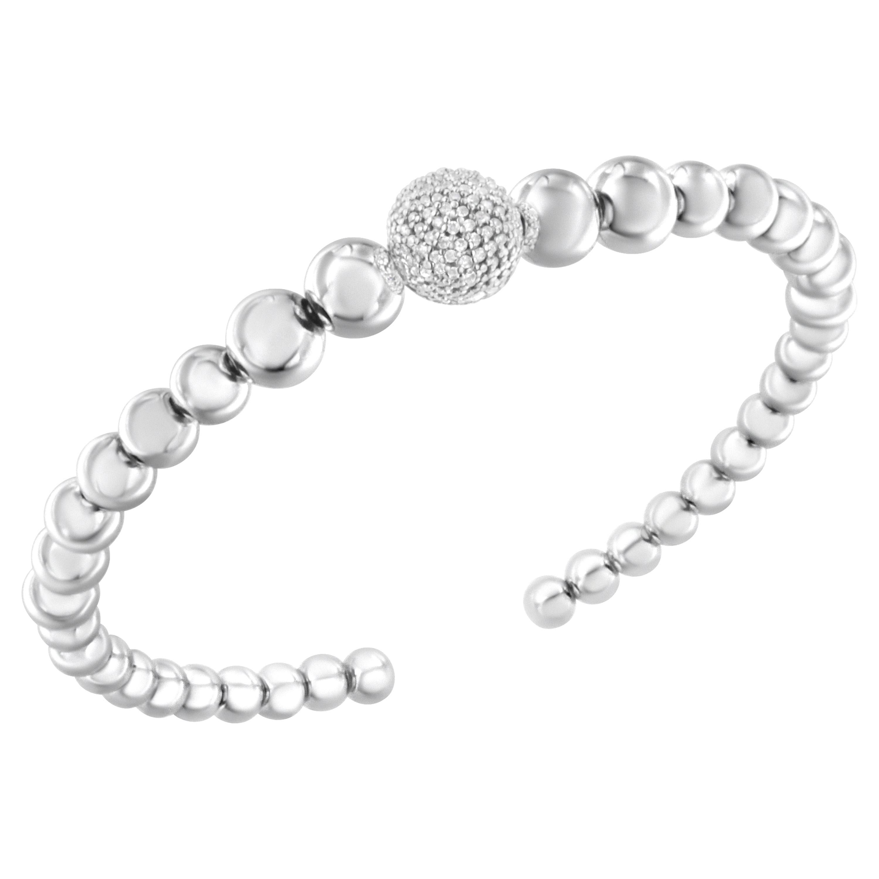 .925 Sterling Silver 1/6 Carat Diamond Ball Bead Cuff Bangle Bracelet For Sale