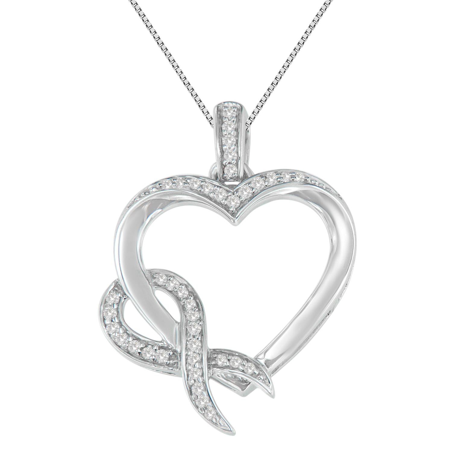 Delicately wrapped around a beautiful heart made up of round cut diamonds, is a single ribbon, which only adds to the beauty and elegance of this sterling silver pendant. Every last detail was designed to bring a smile to the special woman who