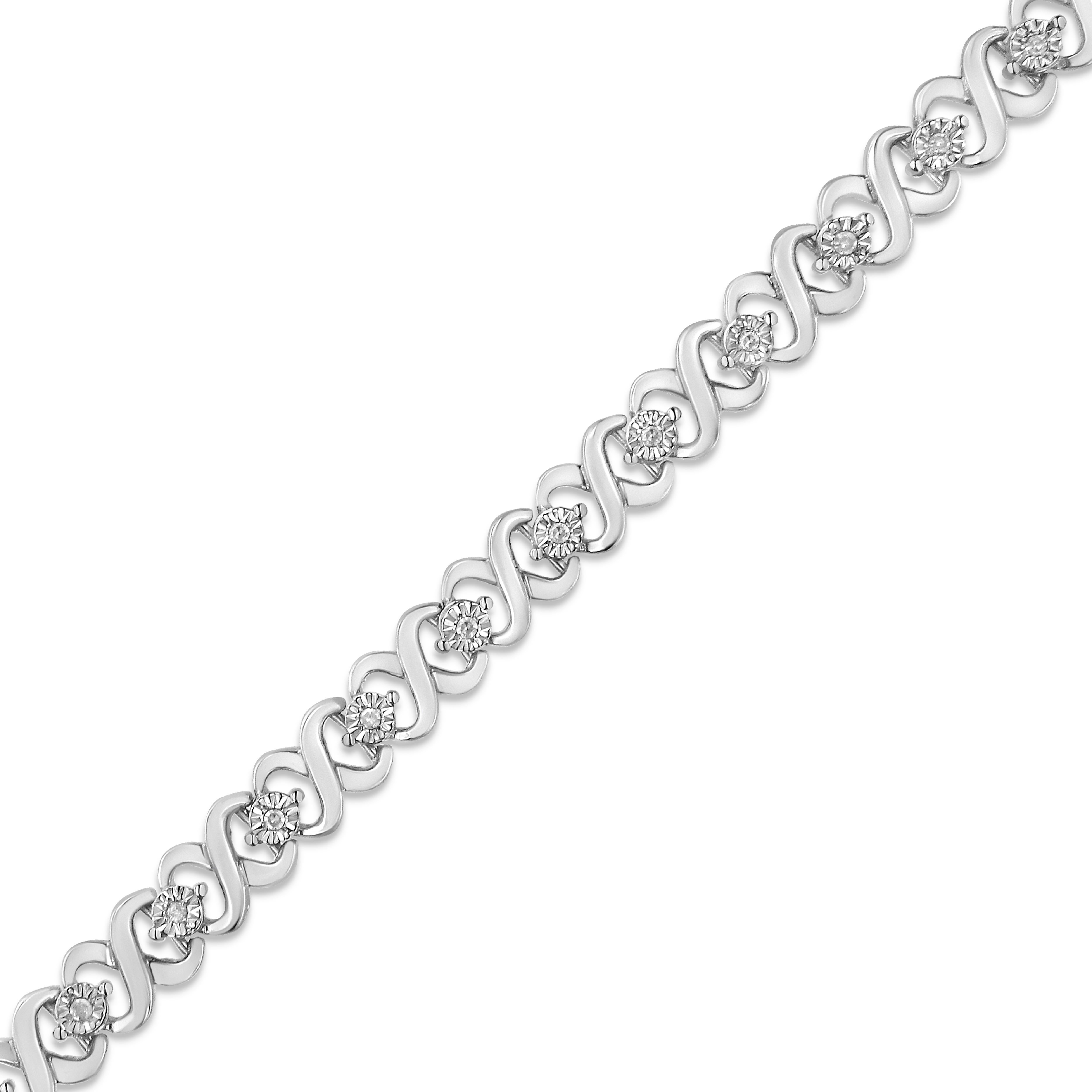 You will love this elegant and timeless classic tennis bracelet with a unique alternating pattern of silver x-links and miracle set diamonds. This authentic design is crafted of real 92.5% sterling silver that has been electro-coated with genuine