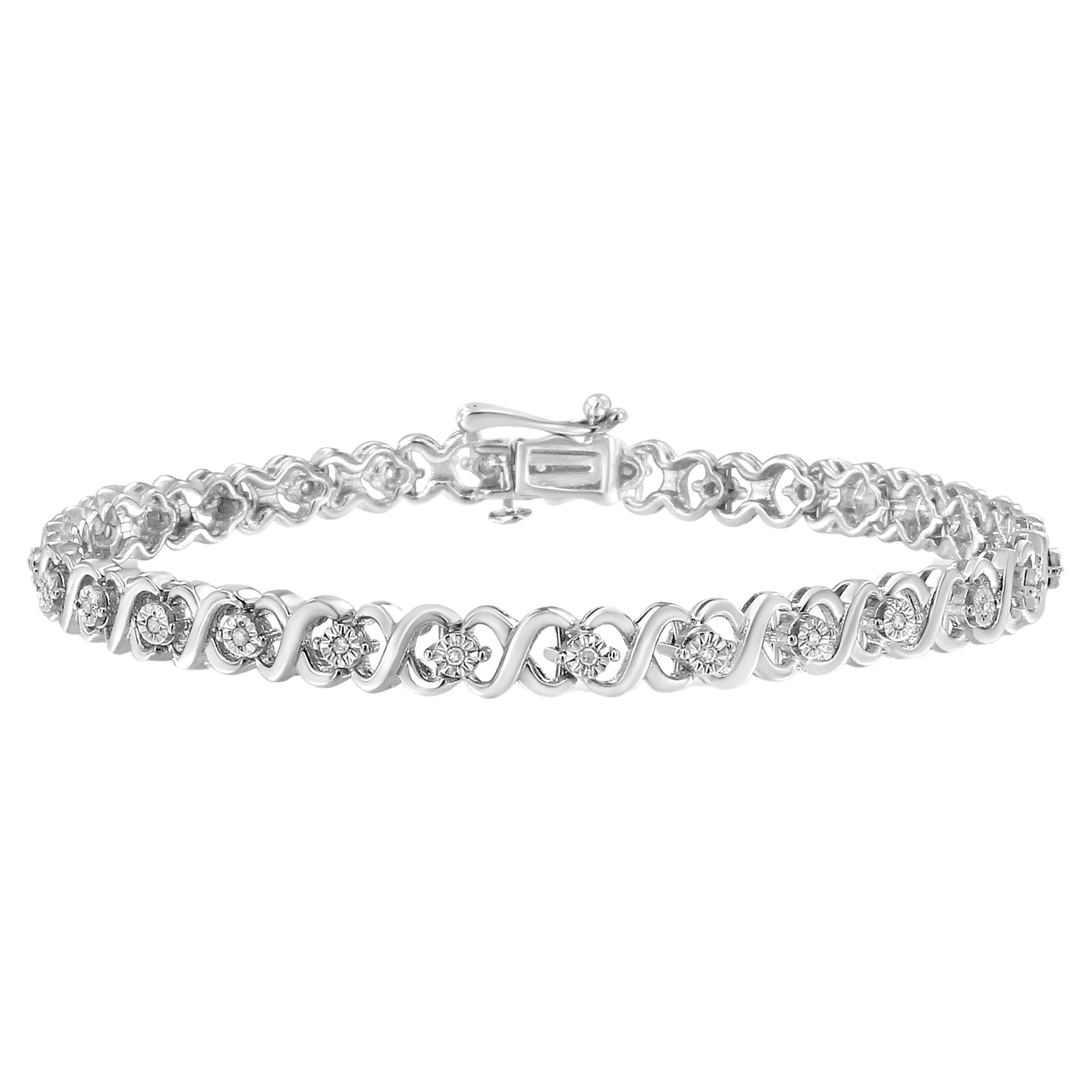.925 Sterling Silver 1/6 Carat Diamond Infinity Link and Station Tennis Bracelet For Sale