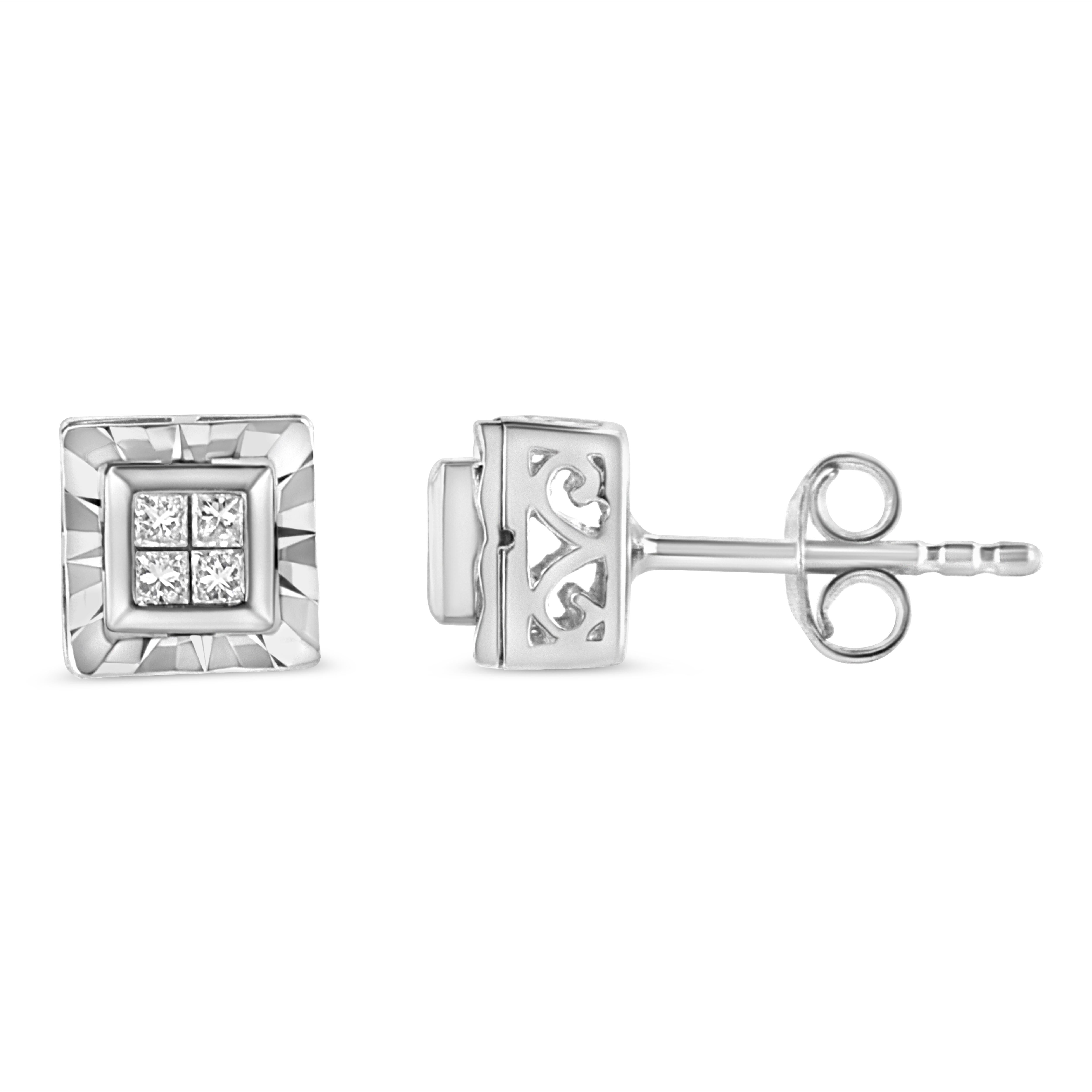 You will love these elaborately designed stud earrings set in cool .925 sterling silver. The outer square of these composite studs display a textured silver look, followed by a band of silver outlining four princess-cut diamonds at the center. These