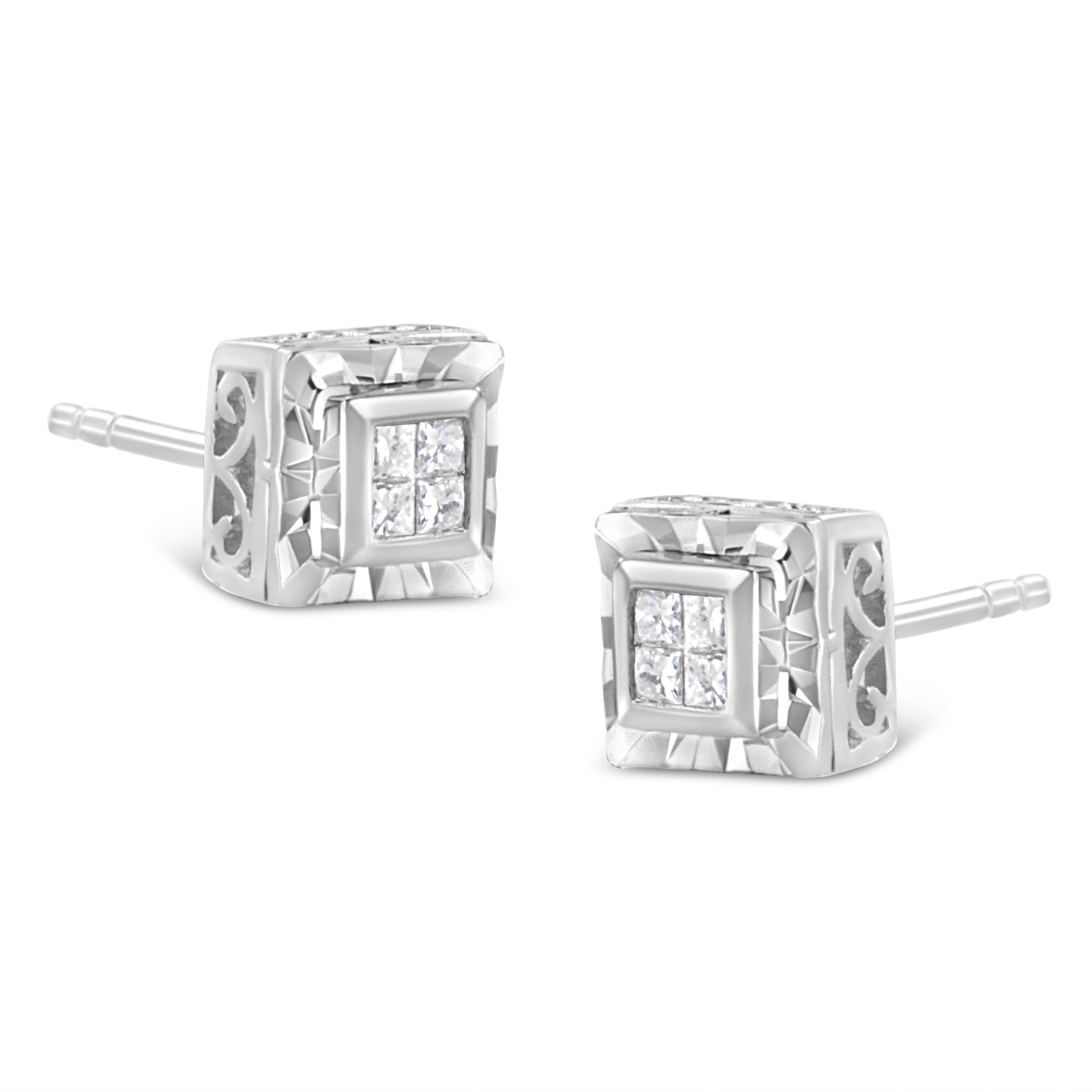 Pendientes de plata de ley .925 de 1/6 quilates con cuatro diamantes compuestos Contemporáneo en venta
