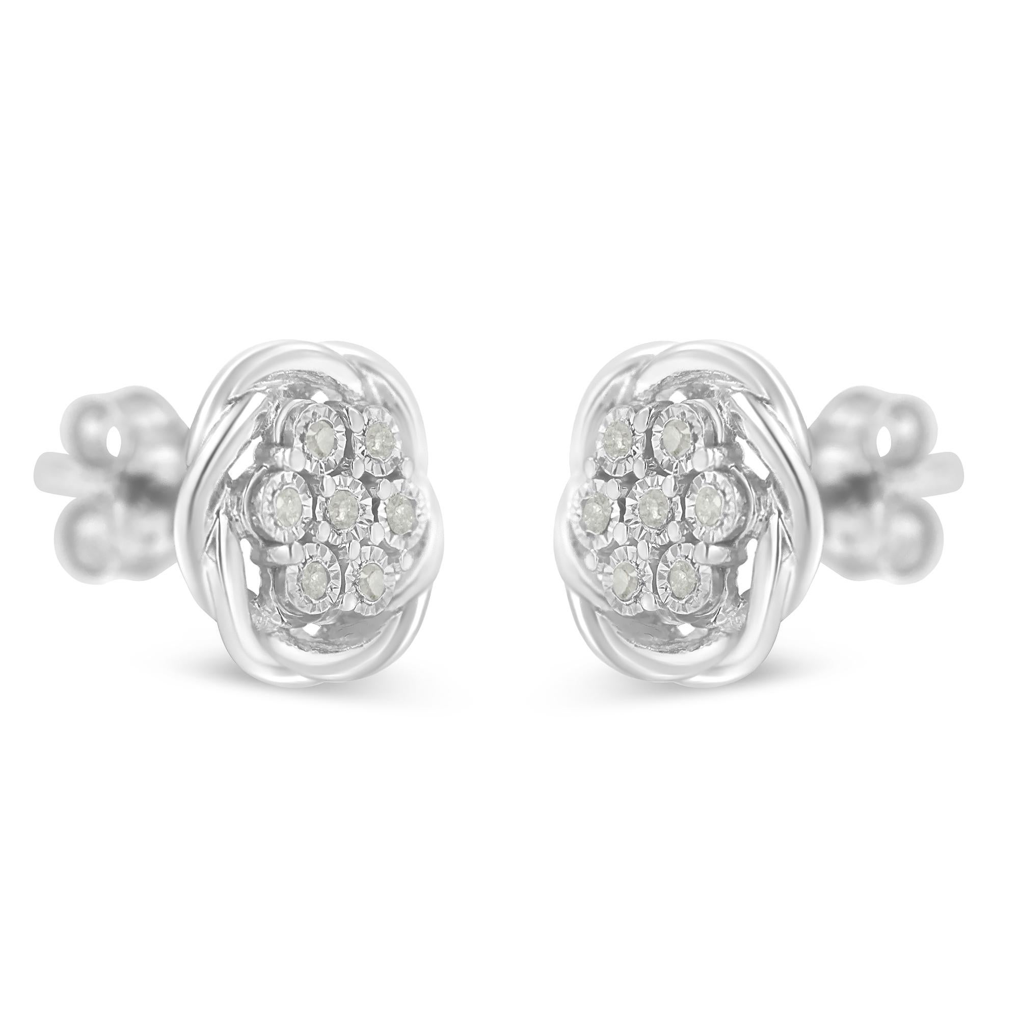 Contemporary .925 Sterling Silver 1/6 Carat Diamond Swirl Cluster Stud Earrings For Sale