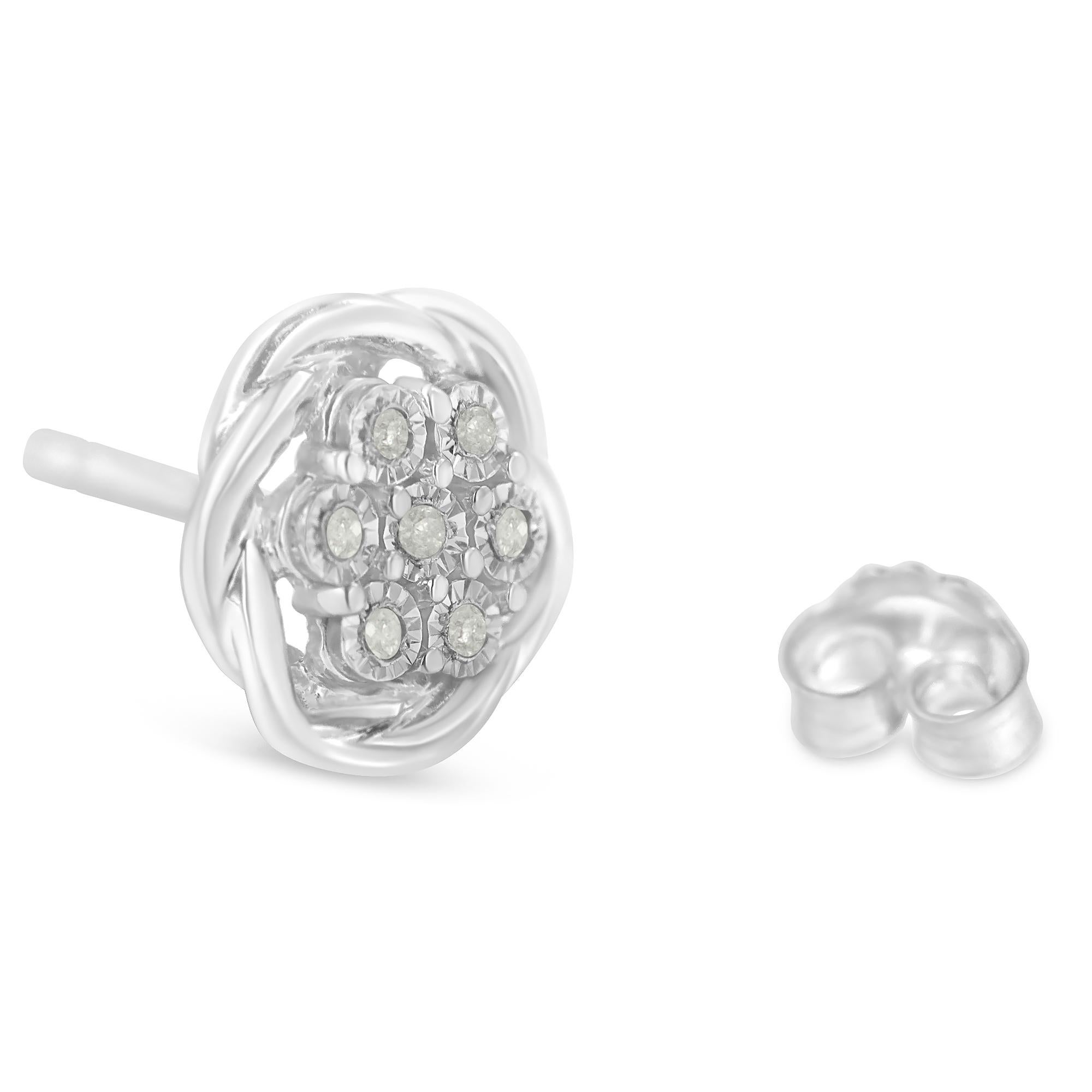 .925 Sterling Silver 1/6 Carat Diamond Swirl Cluster Stud Earrings In New Condition For Sale In New York, NY