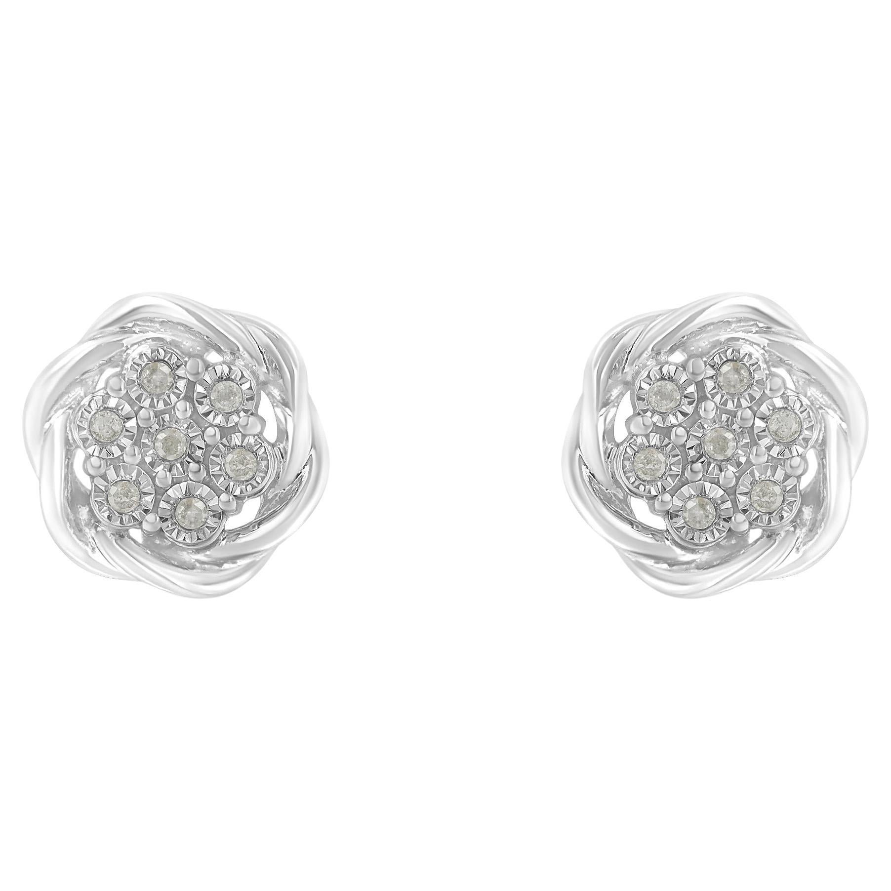 .925 Sterling Silver 1/6 Carat Diamond Swirl Cluster Stud Earrings For Sale