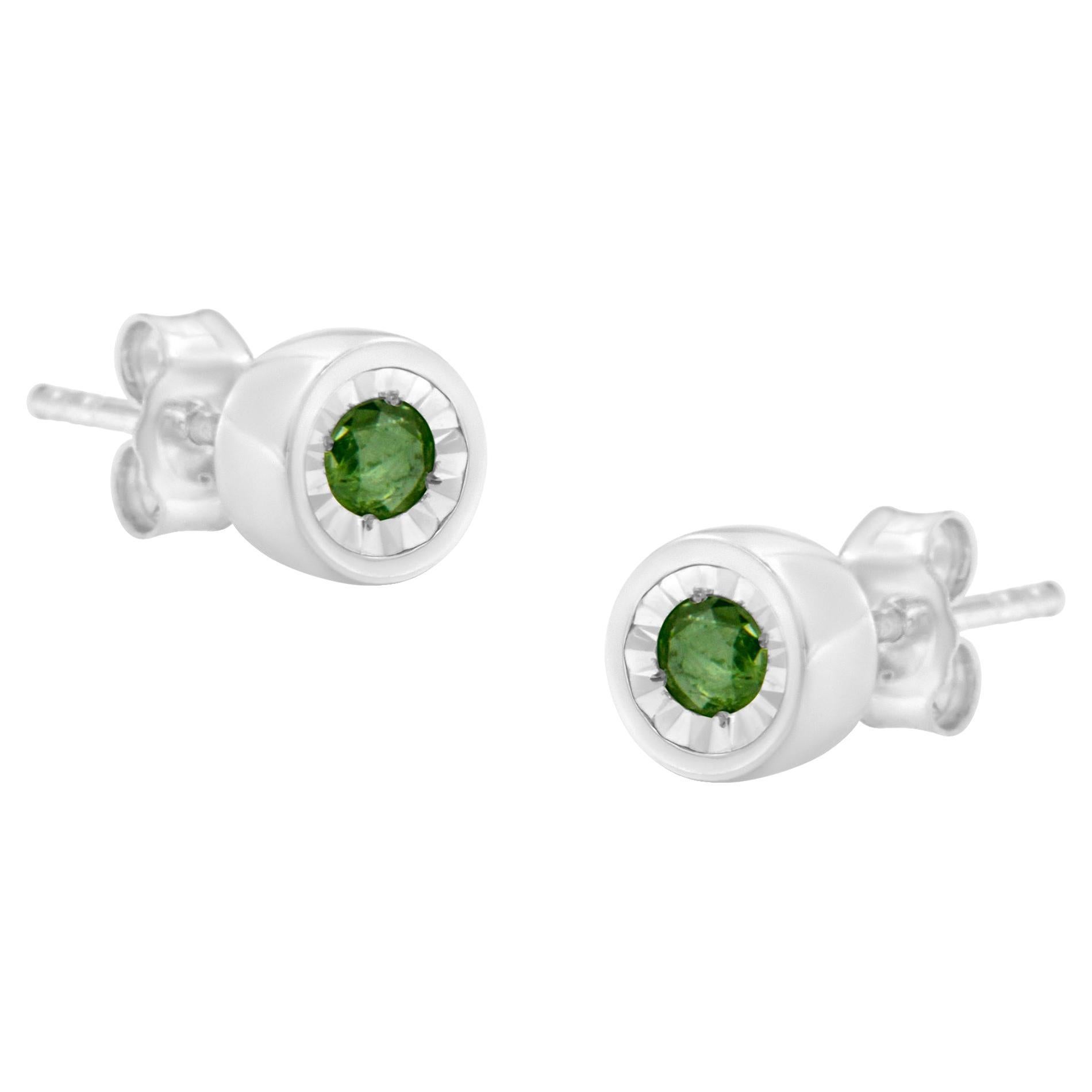 .925 Sterling Silver 1/6 Carat Treated Green Diamond Bezel Stud Earrings For Sale
