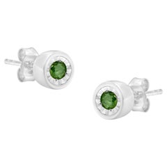 .925 Sterling Silver 1/6 Carat Treated Green Diamond Bezel Stud Earrings
