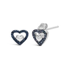 .925 Sterling Silver 1/6 Cttw Blue Diamond Open Double Heart Stud Earrings