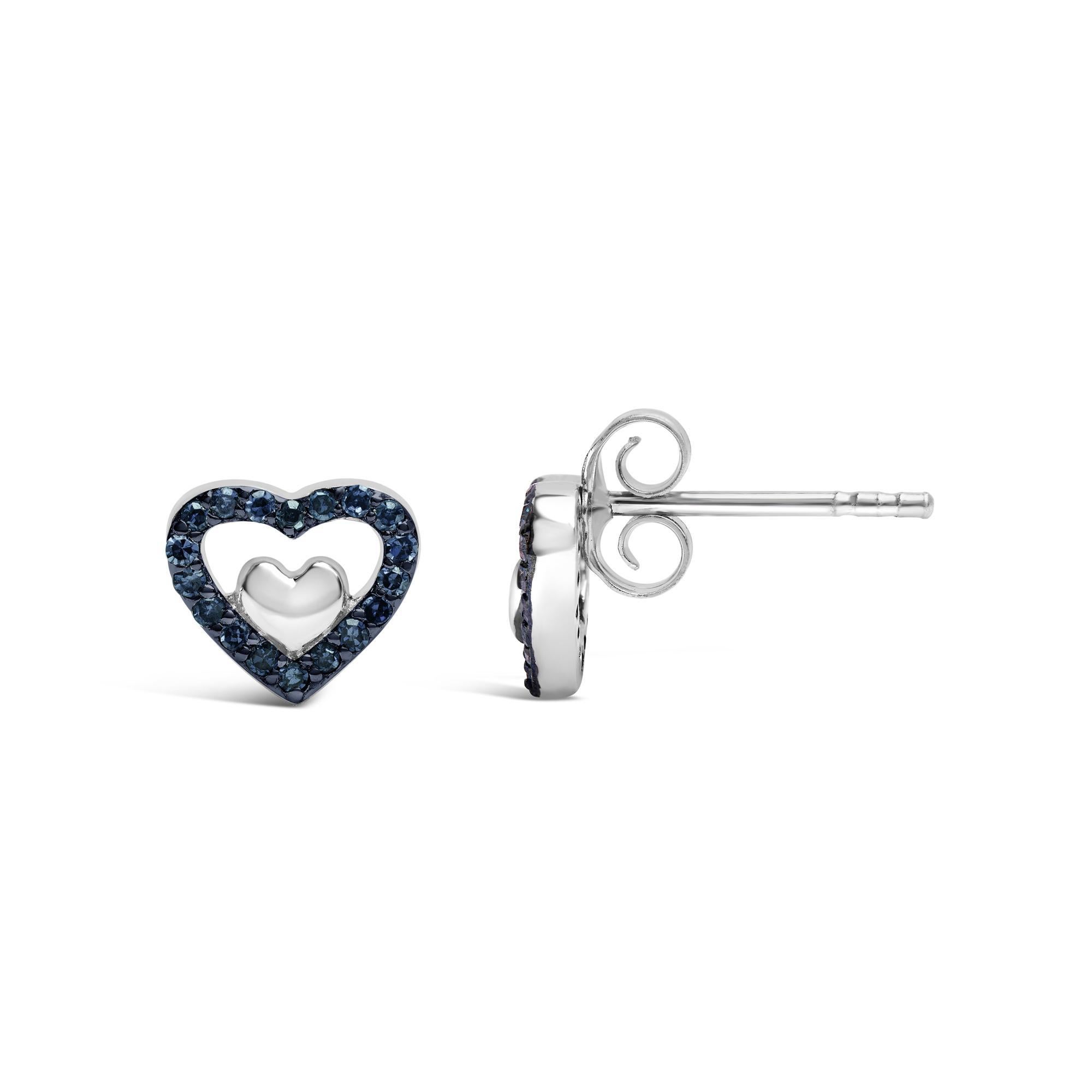 Moderno .925 A. Silver 1/6 Cttw Blue Diamond Open Double Heart Stud Earrings (orecchini a cuore aperto) in vendita