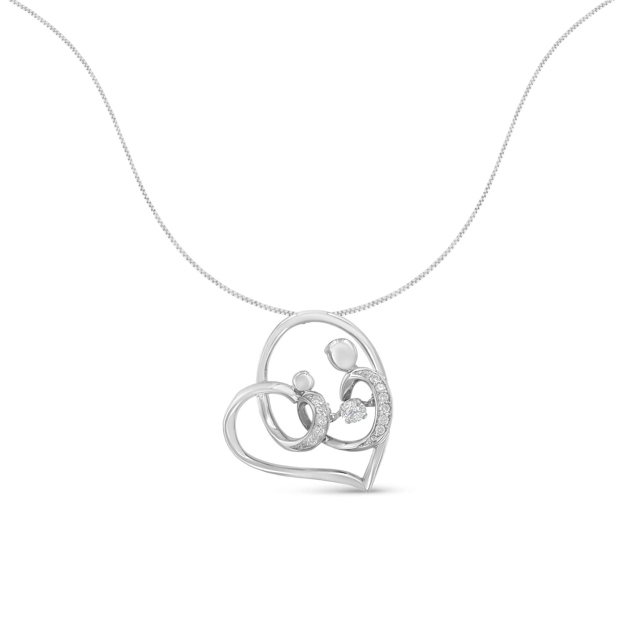 Celebrate the joys of motherhood with this sentimental sterling silver pendant necklace. A mother and child figure is set with 0.15 carat of diamonds in polished sterling silver a heart pendant. The necklace makes a great gift for Mother’s Day, a