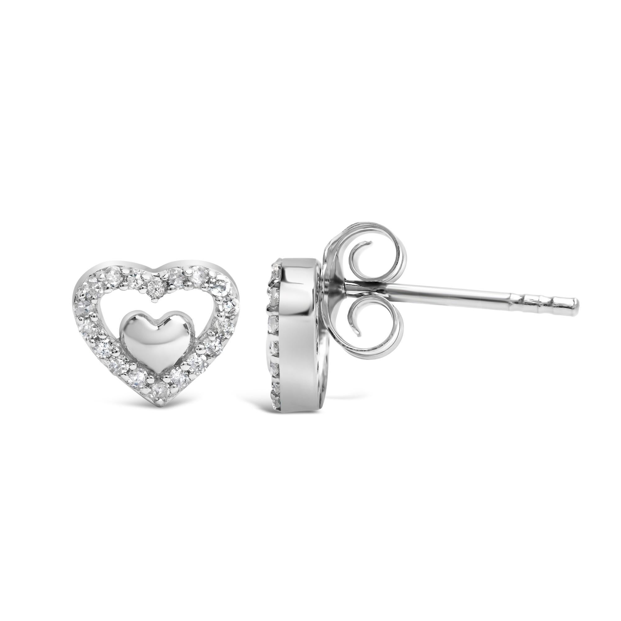 Moderne Clous d'oreilles ouverts double cœur en argent sterling 925 avec diamants de 1/6 carat