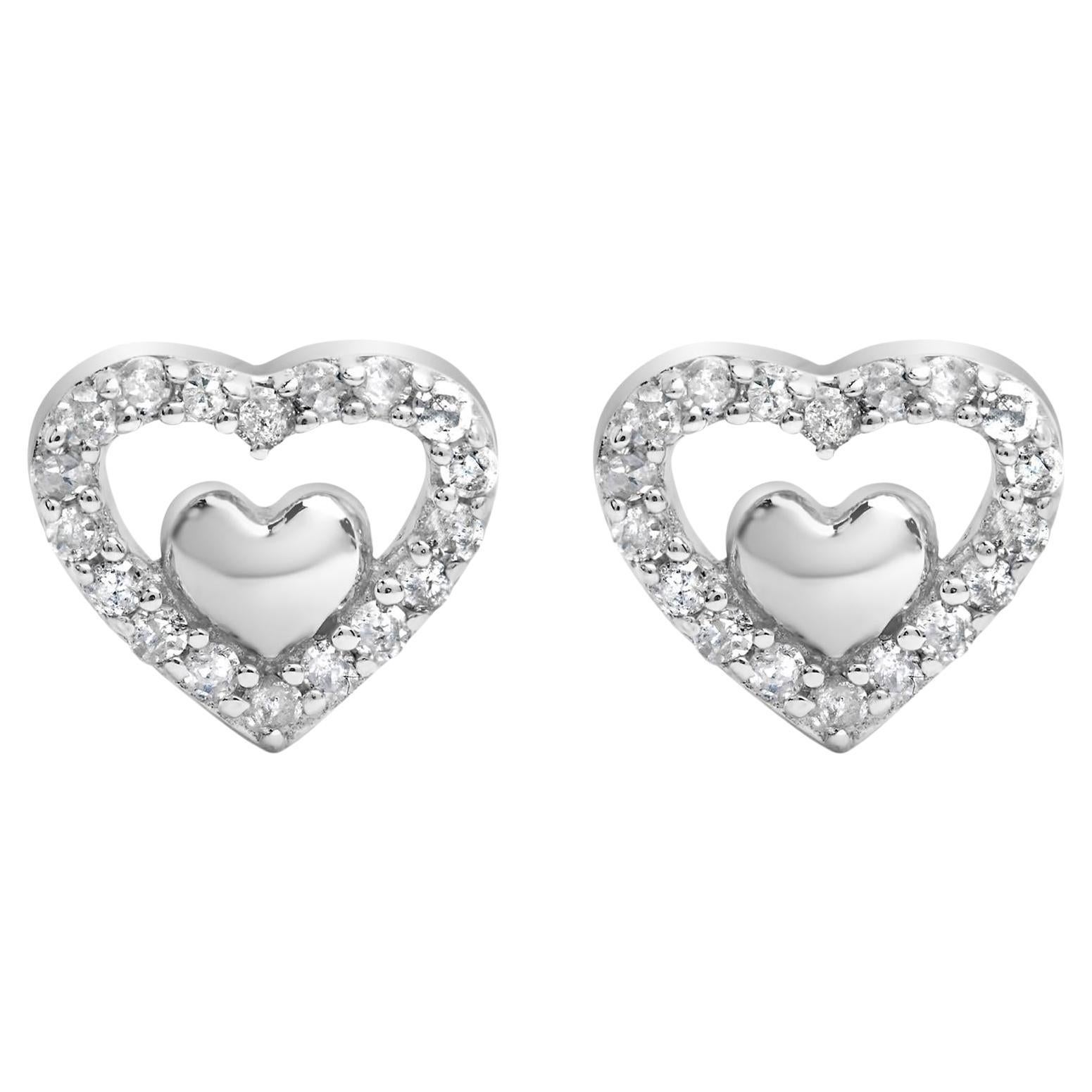 Clous d'oreilles ouverts double cœur en argent sterling 925 avec diamants de 1/6 carat