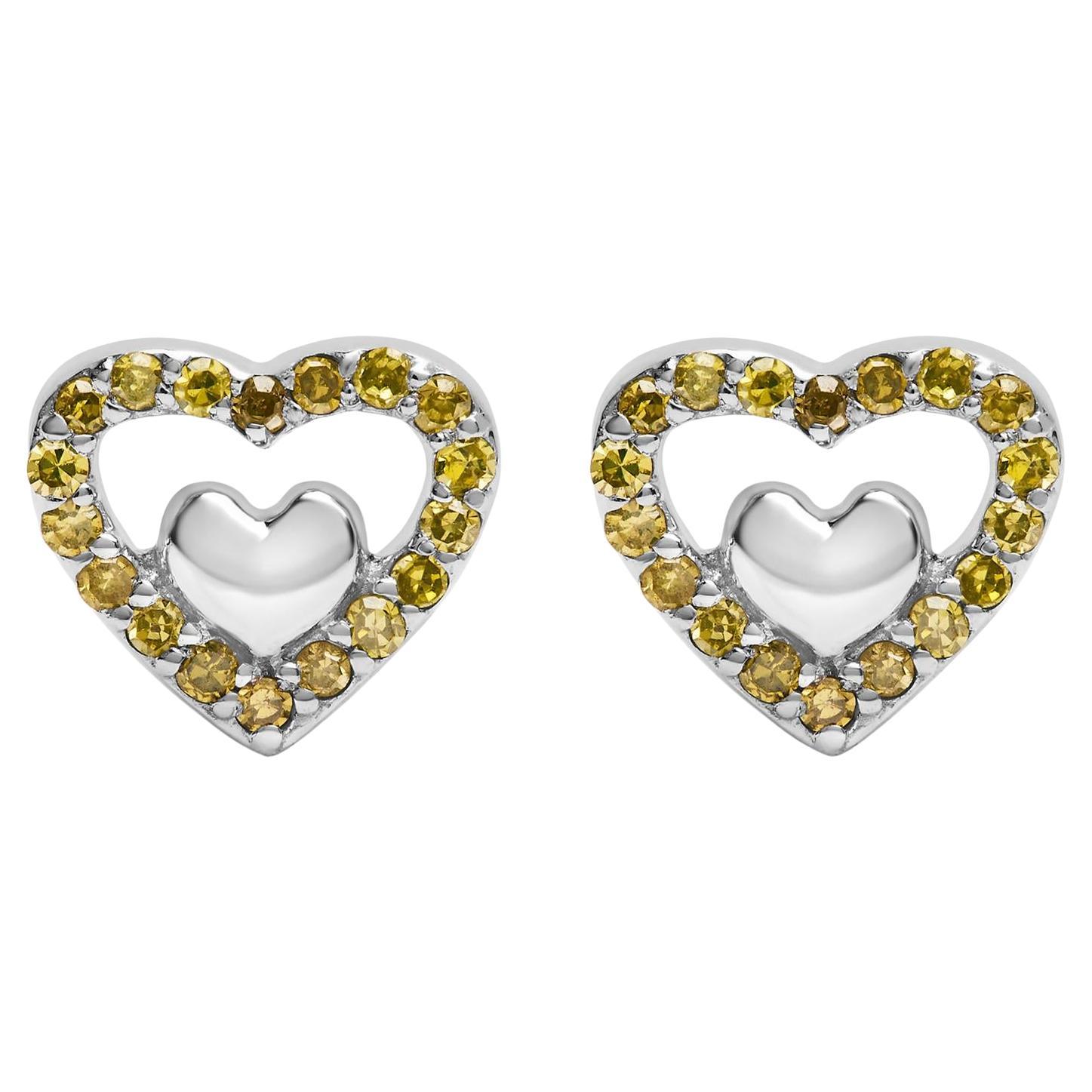 .925 Sterling Silver 1/6 Cttw Yellow Diamond Open Double Heart Stud Earrings