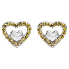 .925 Sterling Silver 1/6 Cttw Yellow Diamond Open Double Heart Stud Earrings