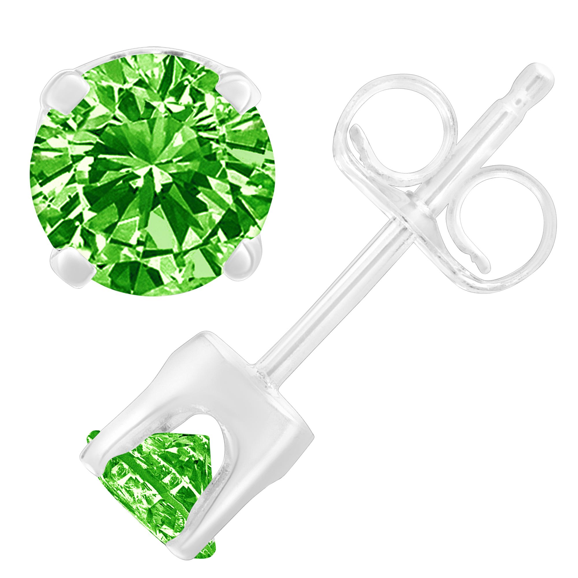 With a simple and classic design, these solitaire stud earrings feature 1/7ct TDW of diamonds. Green, color treated, round cut diamonds in a prong setting sparkle in this design. Crafted in sterling silver, these stud earrings are perfect to wear