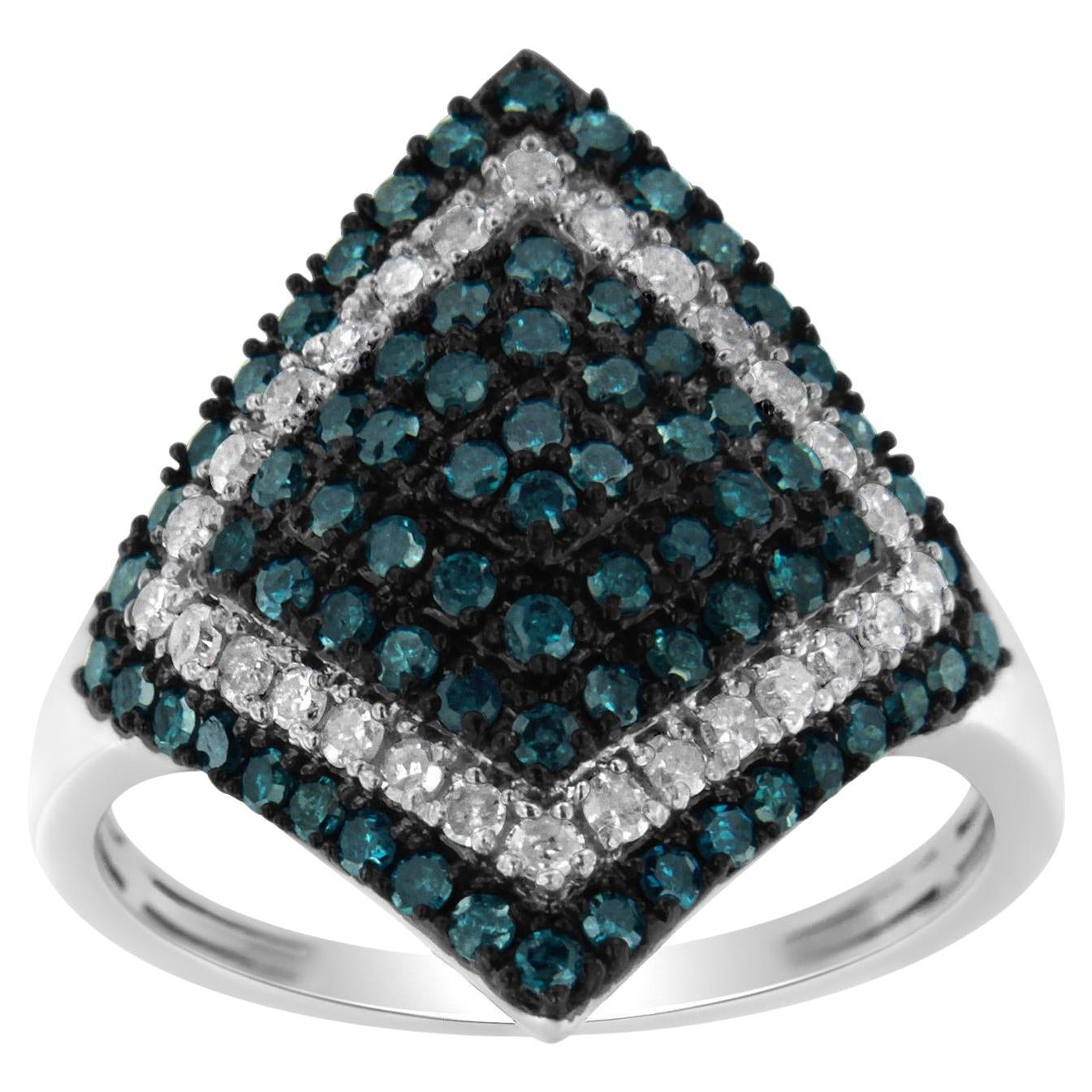 .925 Argento Sterling 1 cttw Diamante Bianco e Blu Trattato  Anello da cocktail in vendita
